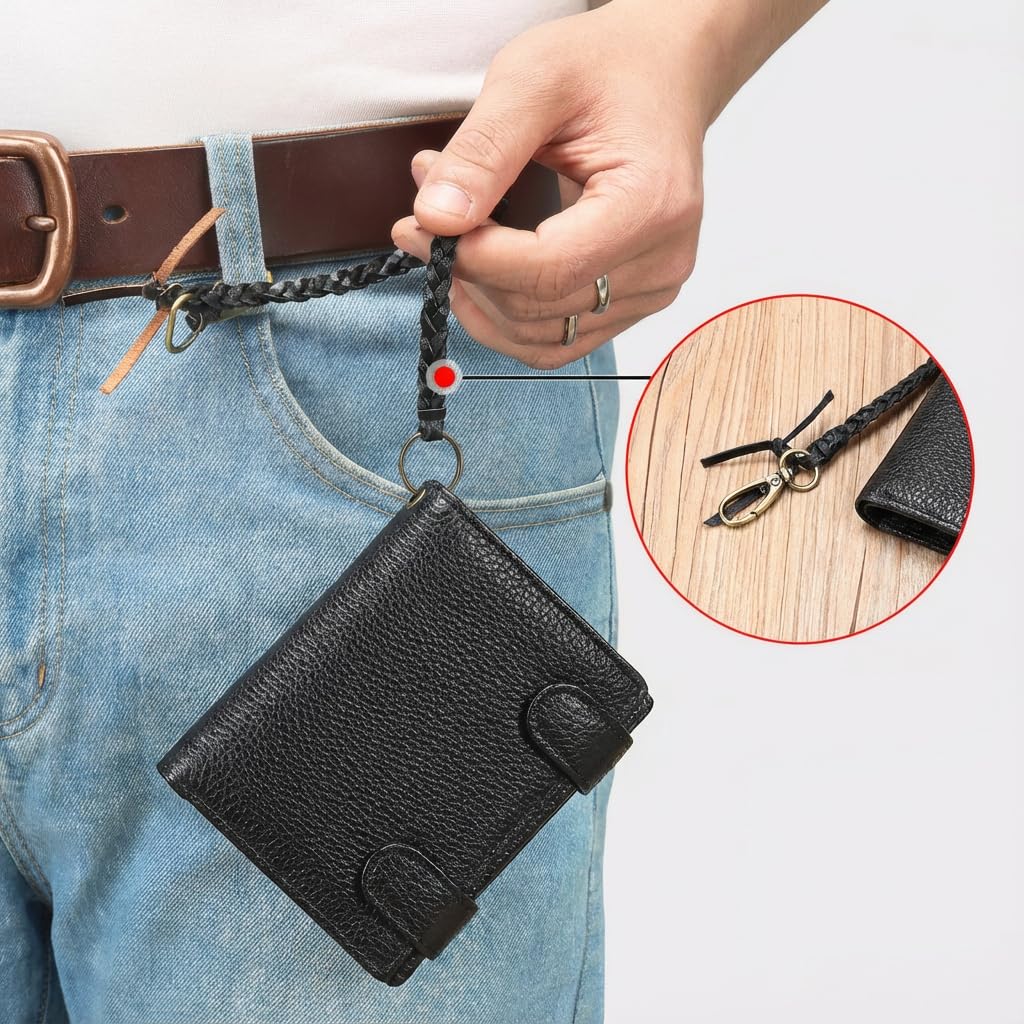 Mewpurrs Mens Genuine Leather Trifold Wallet, RFID Blocking Vertical Wallet with Wrist Strap, Zipper Coin Pocket, 15 Card Slots, Black