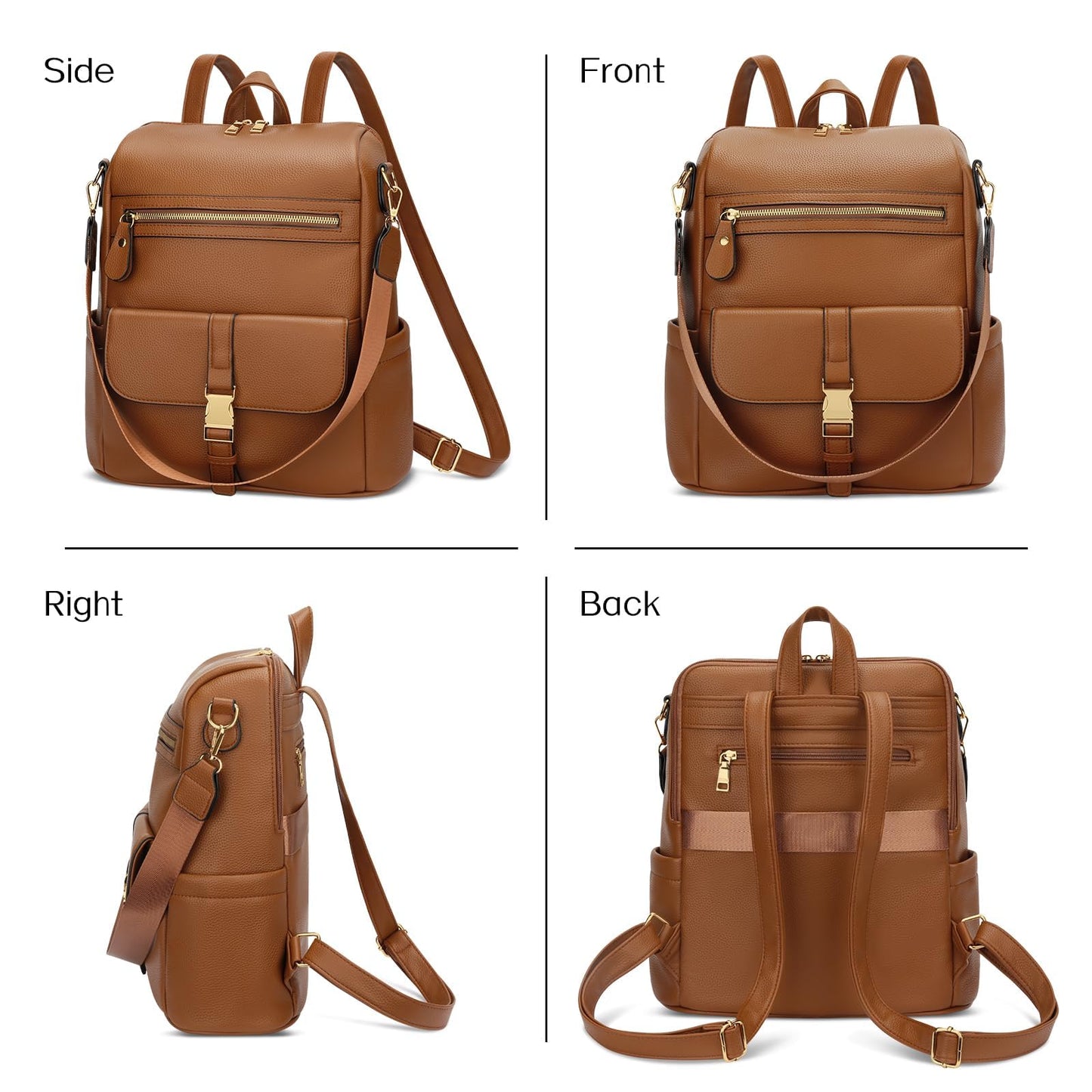 KKXIU Backpack Purse for Women - Multi-pocket Leather backpack for Travel, Work & School with Anti-Theft Lock Pocket, Luggage Strap & Water Bottle Pockets - 13x14x5.2 Inch, 1.67lb (Brown)
