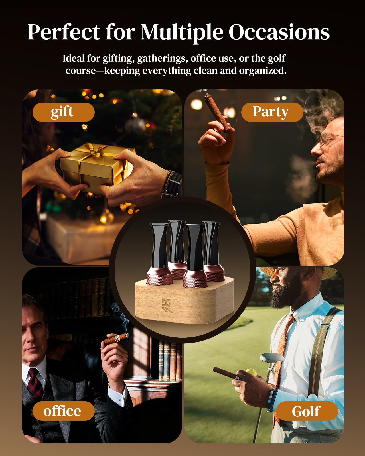 DGHOPE Cigar Holder & Mouthpiece Tips Set (36–58 Ring Gauge) – Reusable Metal & Resin Cigar Mouthpiece with Beech Wood Storage Base, Smooth Draw, Cigar Accessories Gift for Men and Women Brown