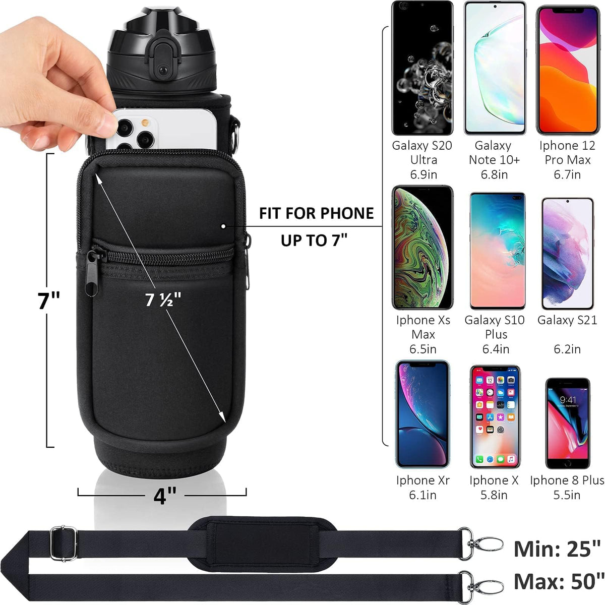 Fimibuke 32 oz Water Bottle with Sleeve - BPA Free Leakproof Sport Large 1L Plastic Motivational Water Bottle with Straw & Strap & Insulated Neoprene Holder Carrier Bag for Women Men(A1.Black)