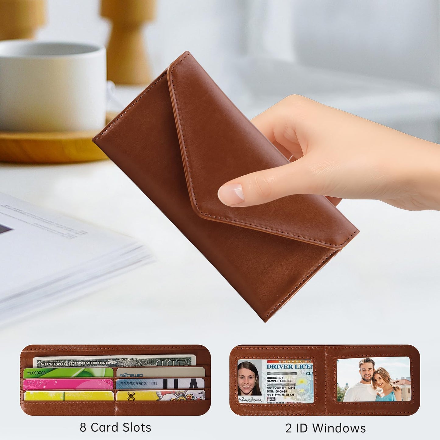 HAWEE Leather Cash Envelope Wallet, RFID Blocking Card Organizer for Women, Reusable Coin Pouch, Coffee Brown
