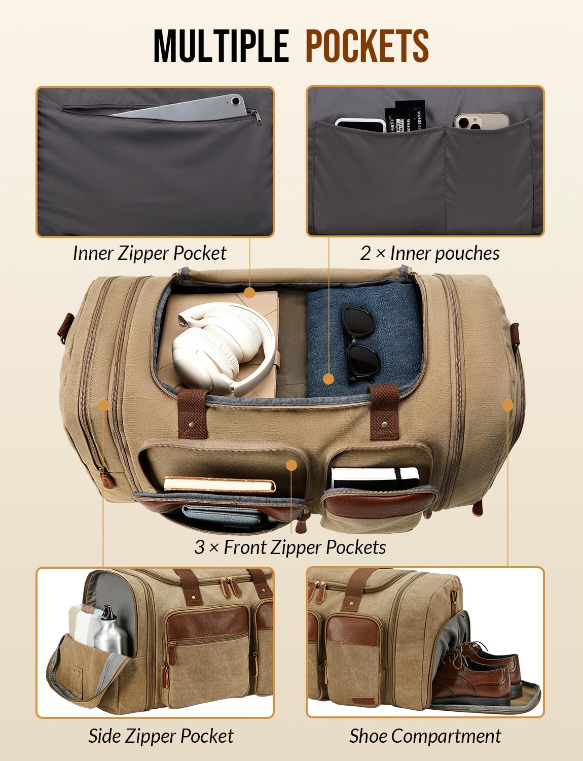 Celvetch Canvas Duffle Bag for Travel 65L Expandable Travel Duffel Bags for Men Women Overnight Weekend Gym Bag with Shoes Compartment - Brown(65L)
