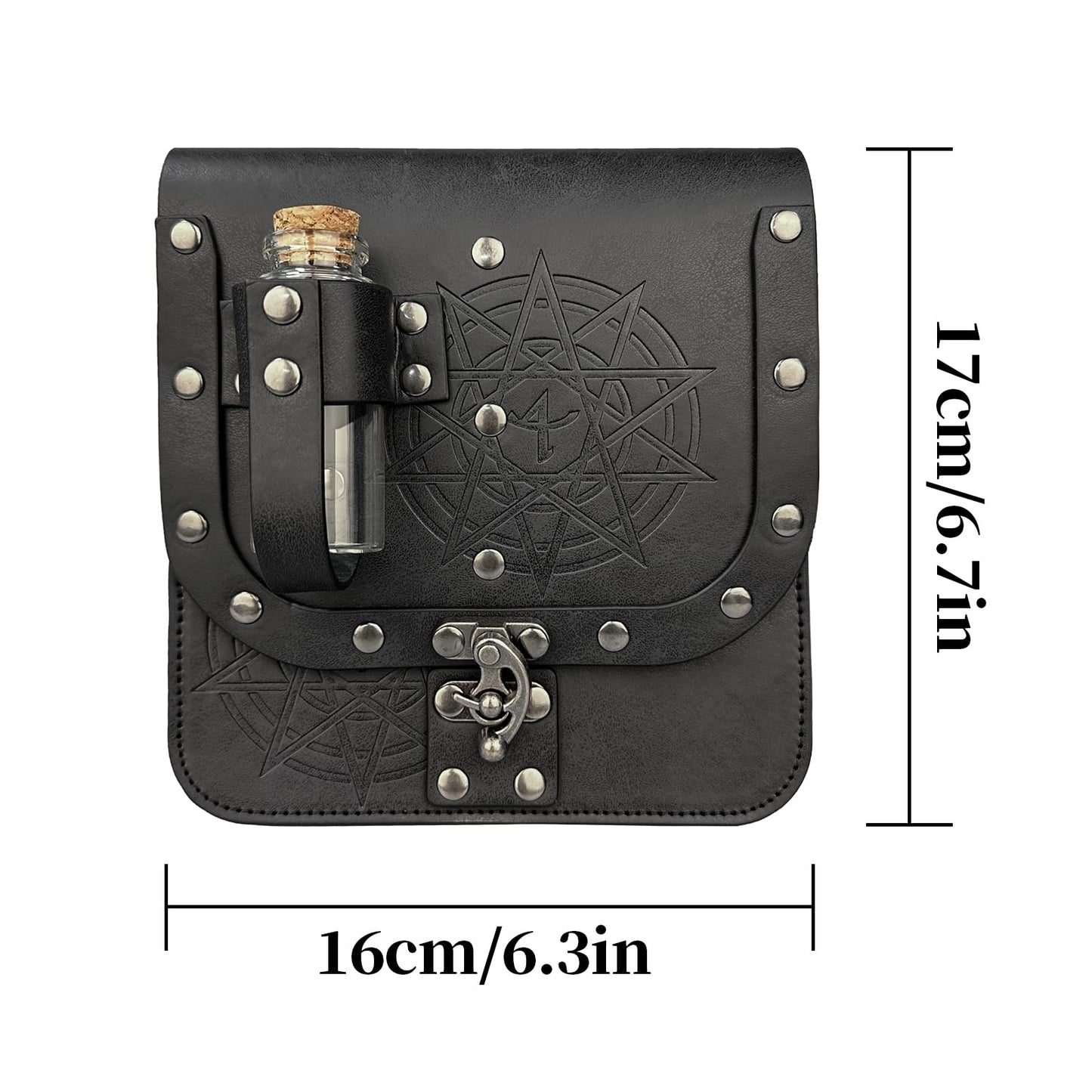 HiiFeuer Medieval Alchemy Faux Leather Belt Bag with Cork Potion Vials, Fantasy Wizard Waist Pouch Side Pack for Halloween (Black C)