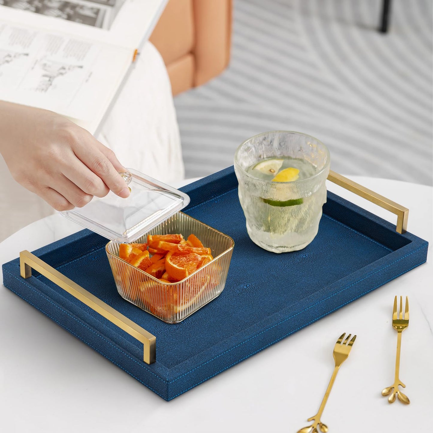 XIGEXIGE Navy Blue Decorative Serving Tray, Shagreen Leather Coffee Table Tray, Rectangle for Home Decor