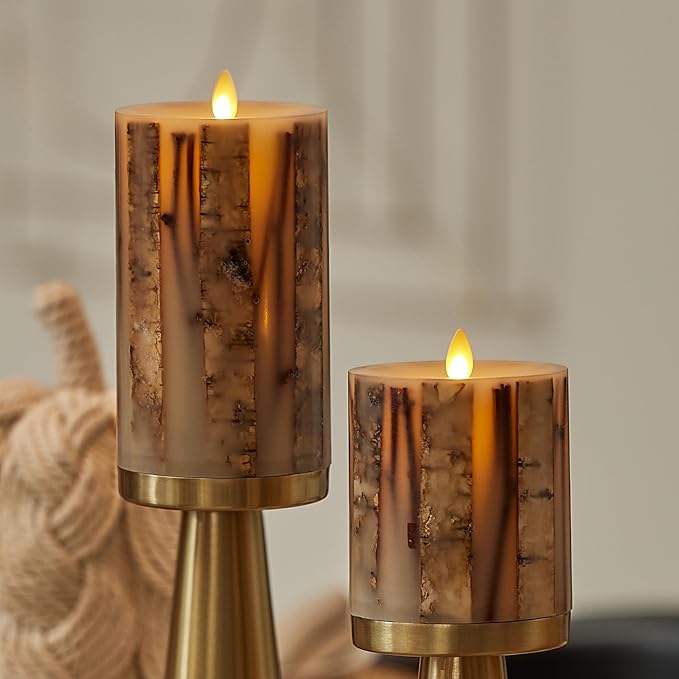 Luminara Embedded Birch Twigs Flameless LED Candle, 3.5" x 4.5", Moving Flame Real Wax Unscented, Battery Operated, Decorative Home Lighting Safe