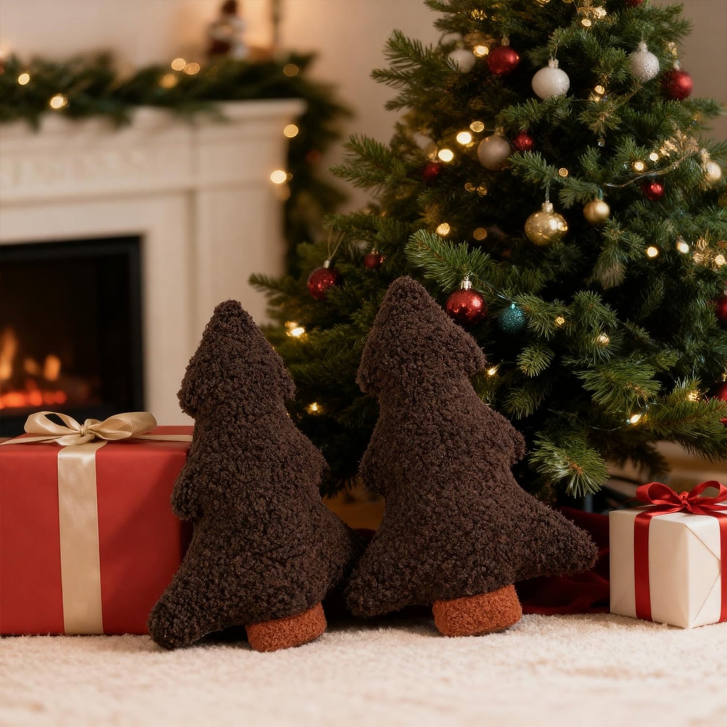 Artmag Christmas Pillows, Decorative Christmas Tree Pillow Set of 2 Stuffed Tree Shaped Plush Pillow for Holiday Party Sofa Living Room Decoration (13" x 10.5", Brown)