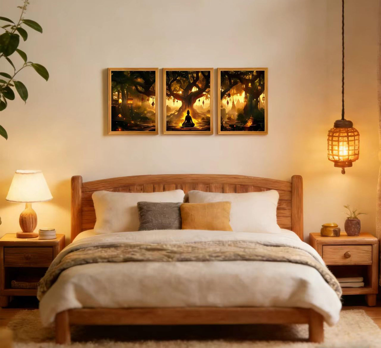 3Pcs Framed Buddha Under Bodhi Tree Canvas Wall Art,Zen Spiritual Wall Decor, Mystical Forest Lantern Poster for Living Room Bedroom Office