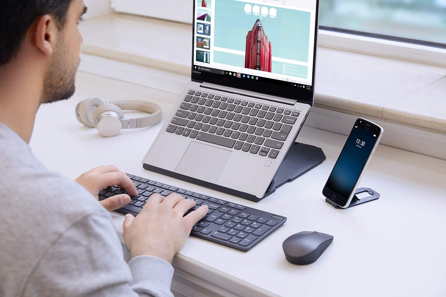 Lenovo 2-in-1 Laptop Stand - Adjustable, Portable, Foldable, Ergonomic, Non-Slip, Compatible with Laptops up to 15" and Cell Phones, Ideal for Travel