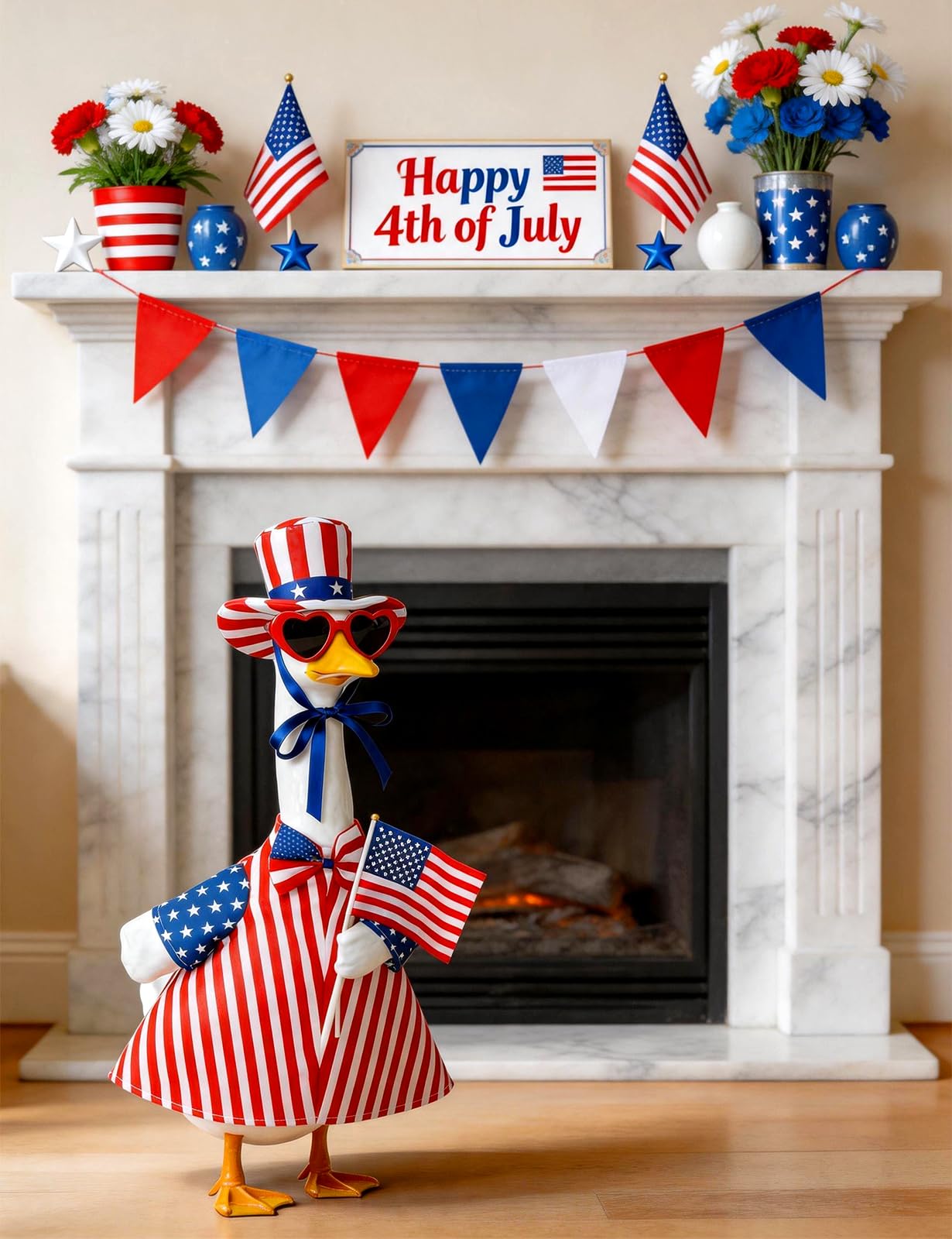 bomis 4th of July Patriotic Porch Goose Outfits for 23 Inch Lawn Statue – Independence Day Goose Costume with Red Heart Sunglasses, Star Stripe Hat, Handheld American Flag, US 250th Anniversary Decor