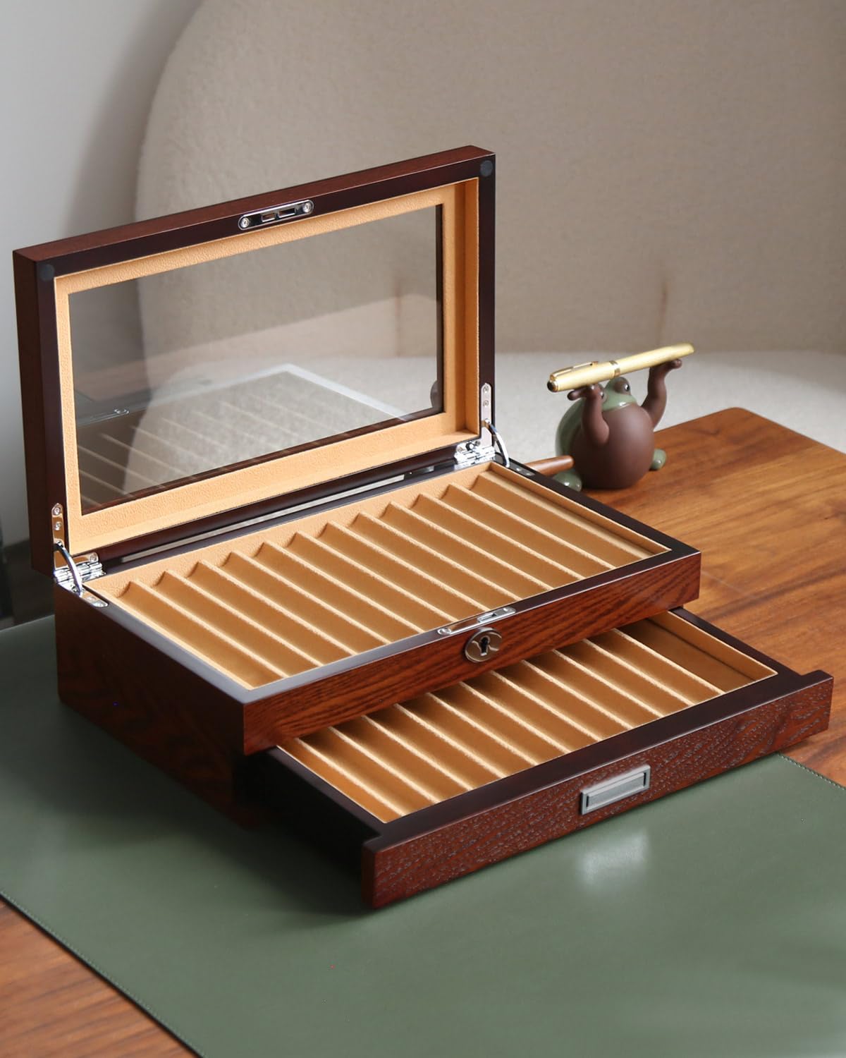 Bonaking Pen Display With 24 Slots, Wood Storage Organizer, Glass Window Box for Men Gift (Brown Ash Veneer Finish, Camel Velvet)
