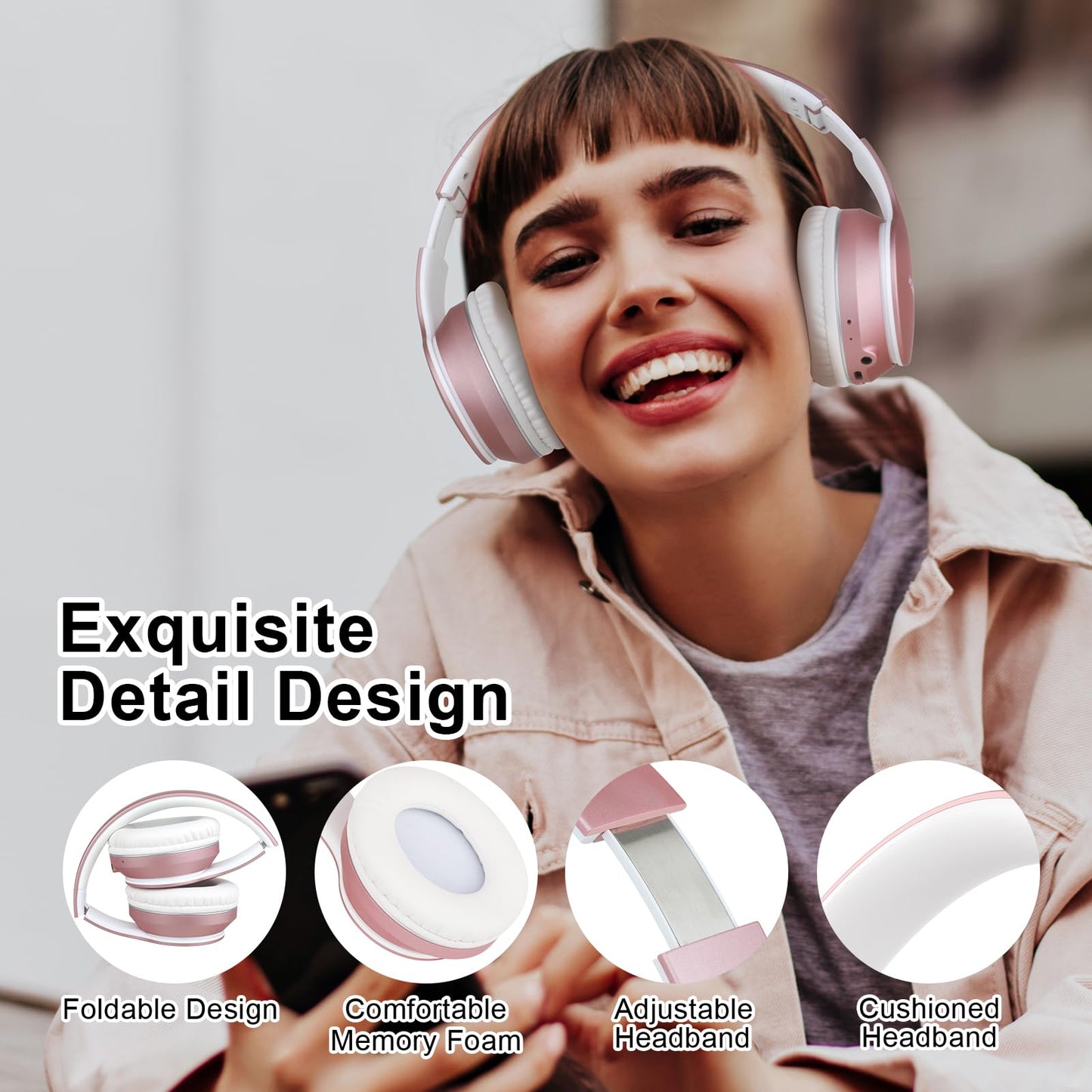 JOMILIN B9 Bluetooth Headphones Over-Ear, 3 EQ Music Modes and 50H Playtime Wireless Headphones with Mic, Hi-fi Stereo Lightweight Folding Headset, Volume Control for Travel Tablet PC (Rose Gold)