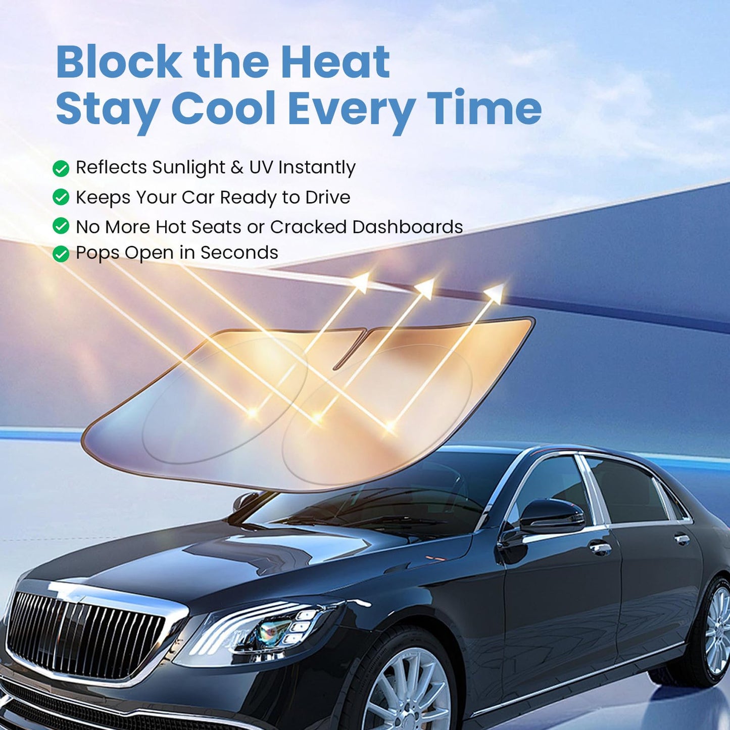 Windshield Sun Shade, Reflective Sunshade for Car Windshield with Mirror Cut-Out, Blocks 99% UV Rays & Keeps Vehicle Cool, Fits Cars, Trucks, SUVs & Vans, Fade-Resistant, (Large)