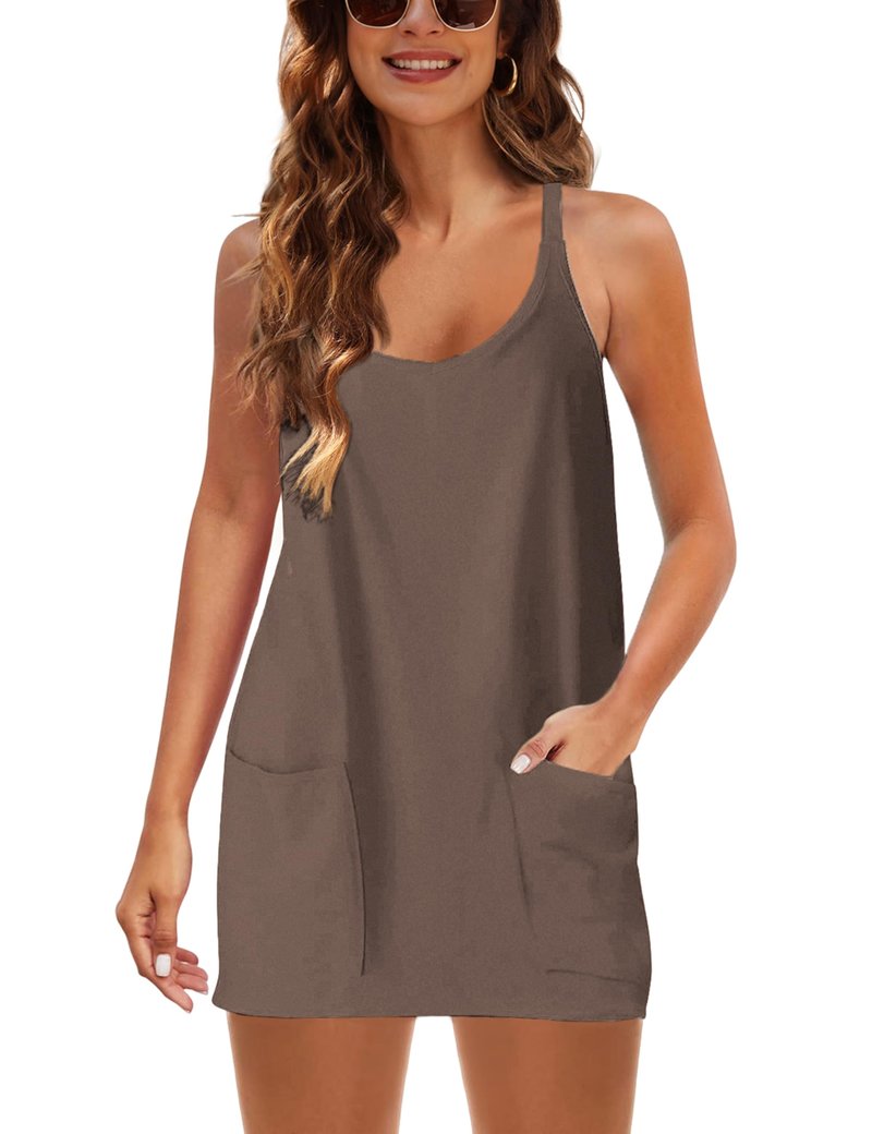 Lentta Womens Athletic Sleeveless Mini Dress with Built-in Shorts V Neck Spaghetti Strap Sundress(LightCoffee-XS)