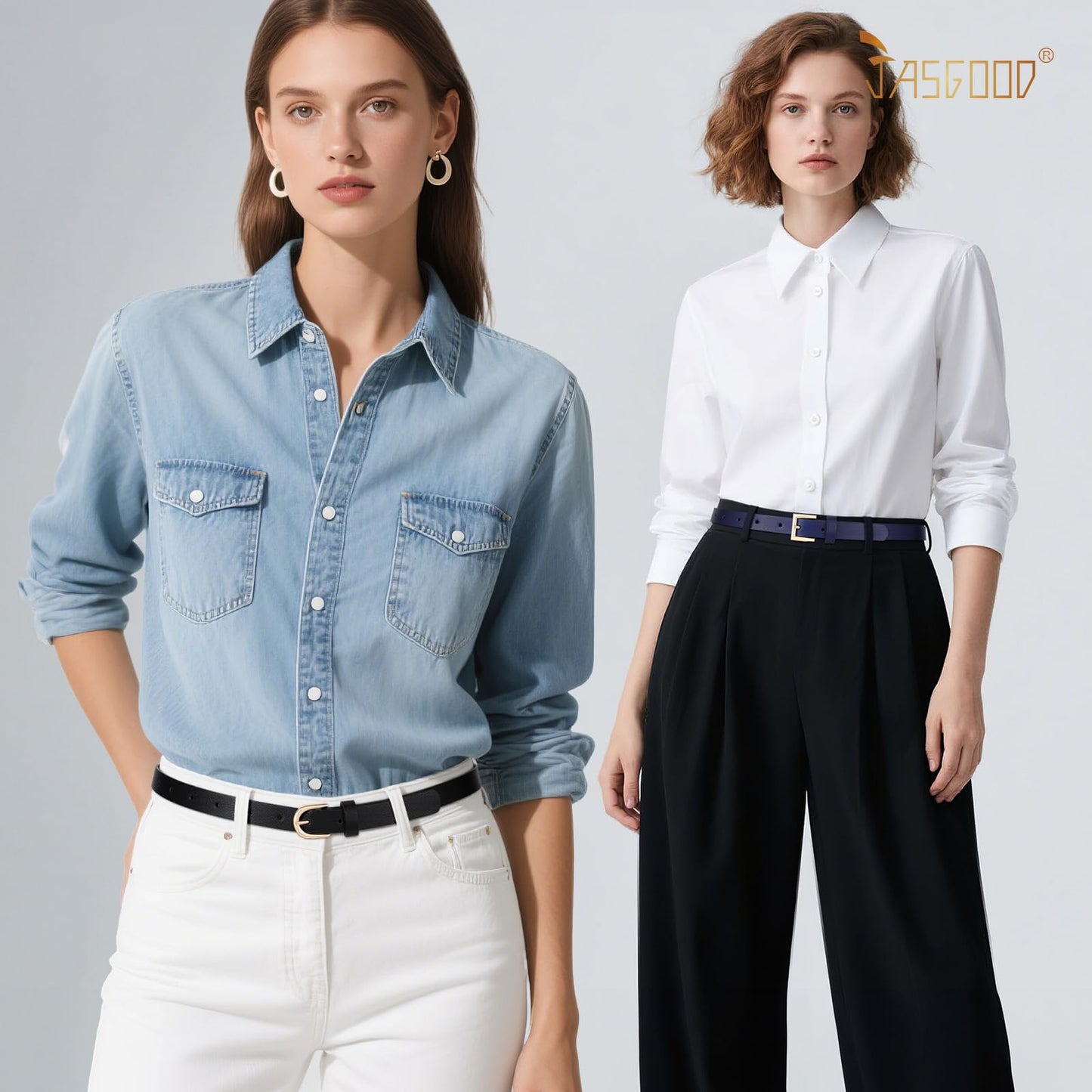 JASGOOD 4 Pack Women Skinny Leather Belt for Dresses with Gold Buckle Ladies Thin Waist Belt for Jeans Pants,Black+Blue+Brown+Beige