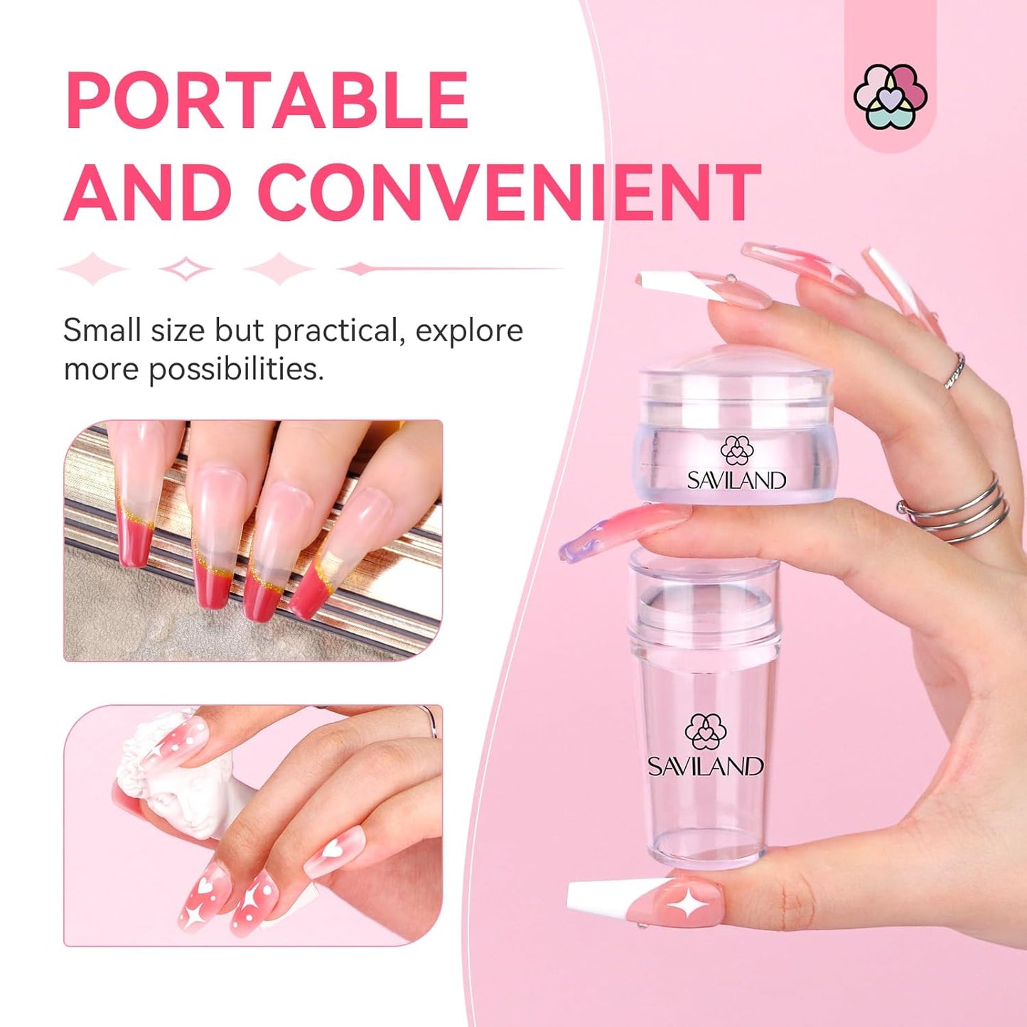Saviland French Tip Nail Stamp - 4PCS Nail Art Stamper Kit Clear Silicone Nails Stamping Long & Short Jelly Stamper with Scrapers Nails Stamper Kit for French Manicure Nail Art Home DIY Salon