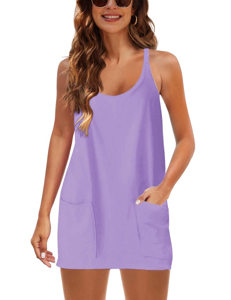 Lentta Womens Athletic Sleeveless Mini Dress with Built-in Shorts V Neck Spaghetti Strap Sundress(Purple-XS)