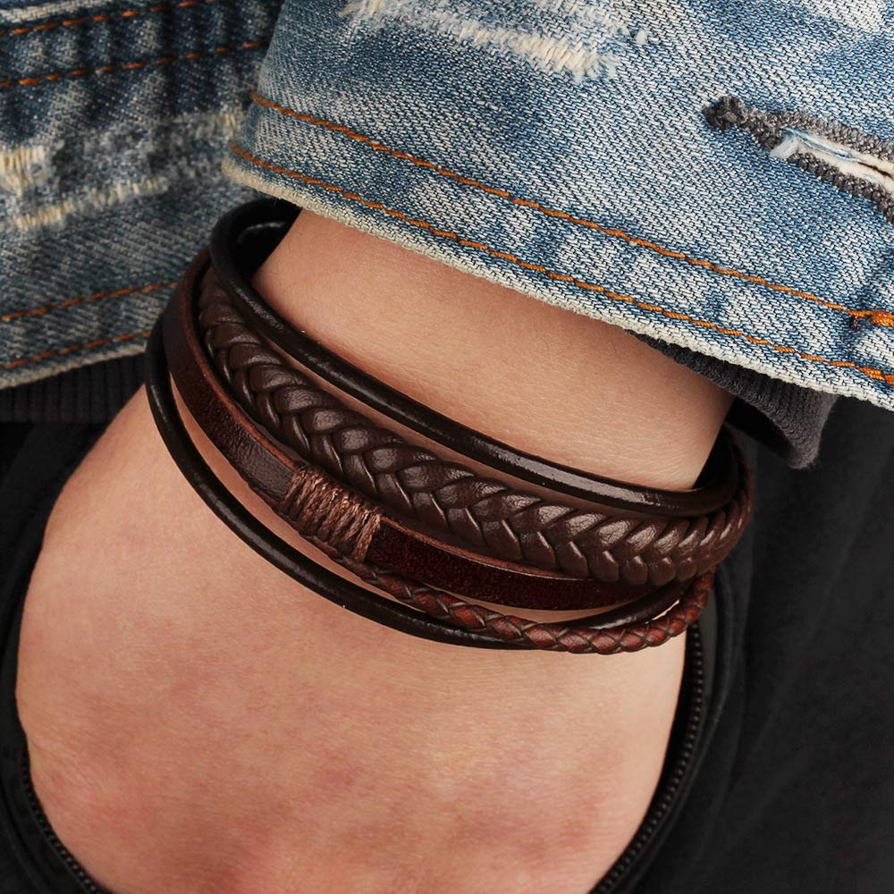 Arcutina Men's Black Leather Multi-Strand Bracelet Casual Brown Braided Bracelet (Brown with Black clasp, Length 8.3'')