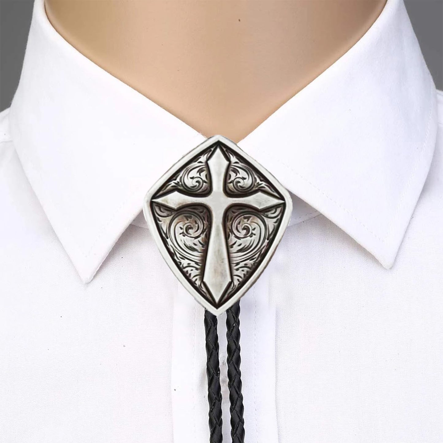 Doitby Vintage Bolo Tie Western Cowboy Cross Bolo Ties Leather Braided Necktie Necklace for Men Women