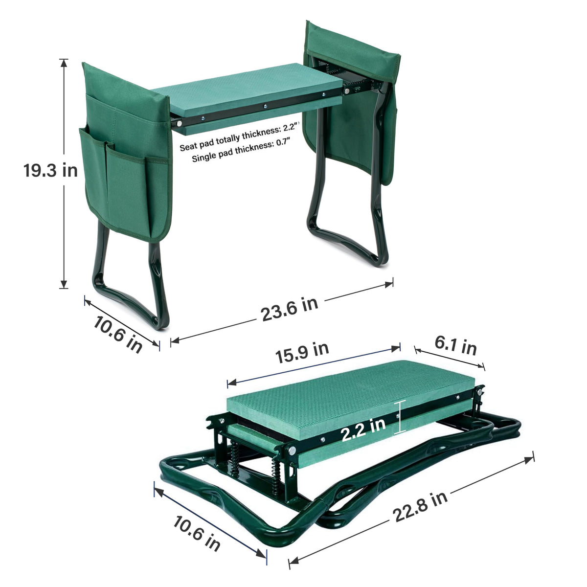 iPower Upgraded Garden Kneeler and Seat, with Sturdy Soft EVA Foam Pad, 2 Tool Pouch, Hold 330lb, Portable Foldable Kneeling Bench, for Gardening, Fishing, Camping, Green