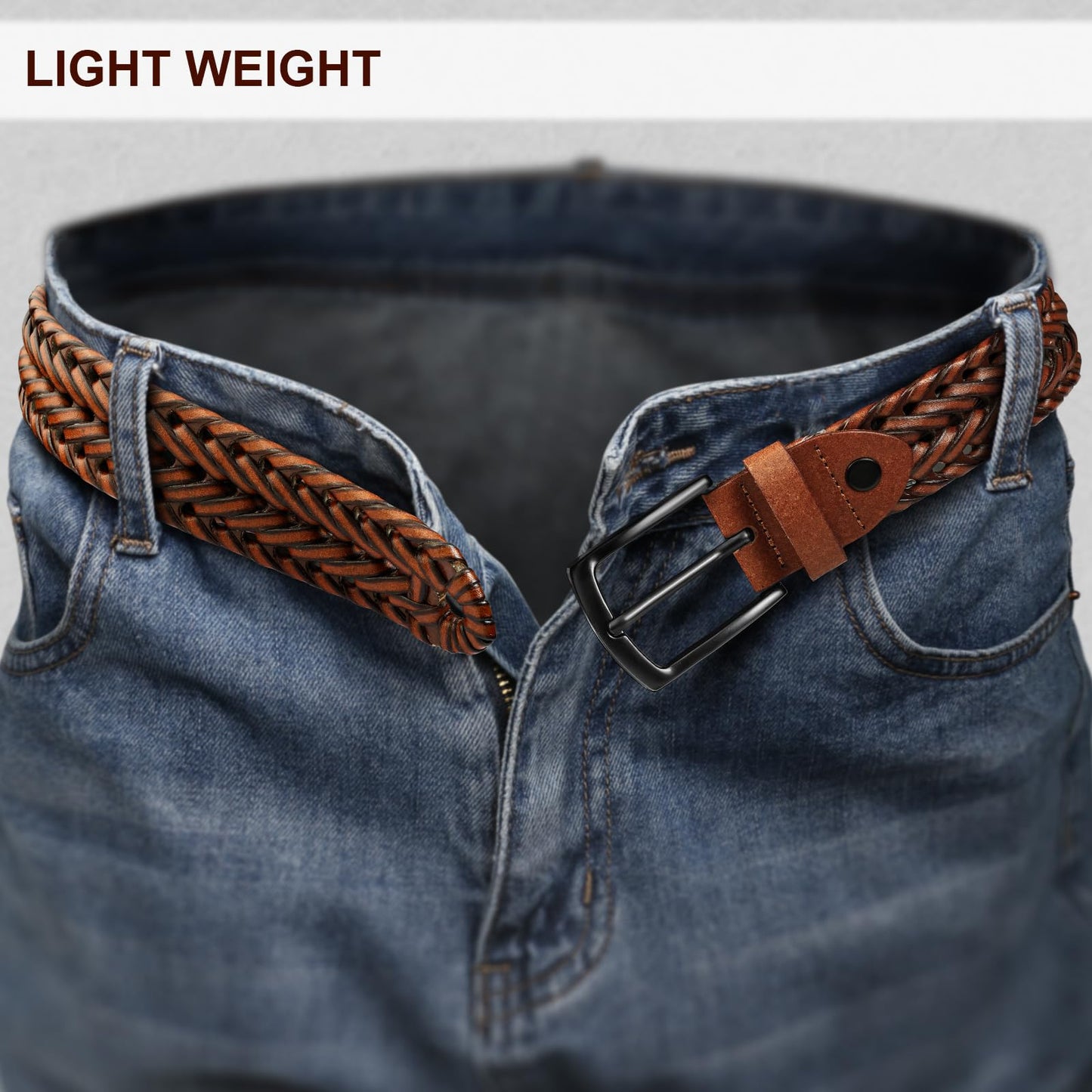 KEMISANT Men Belt, Braided Belt Comfortable For Men Casual Jean Golf 1 3/8"(Light Brown,32"-36" Waist Adjustable)
