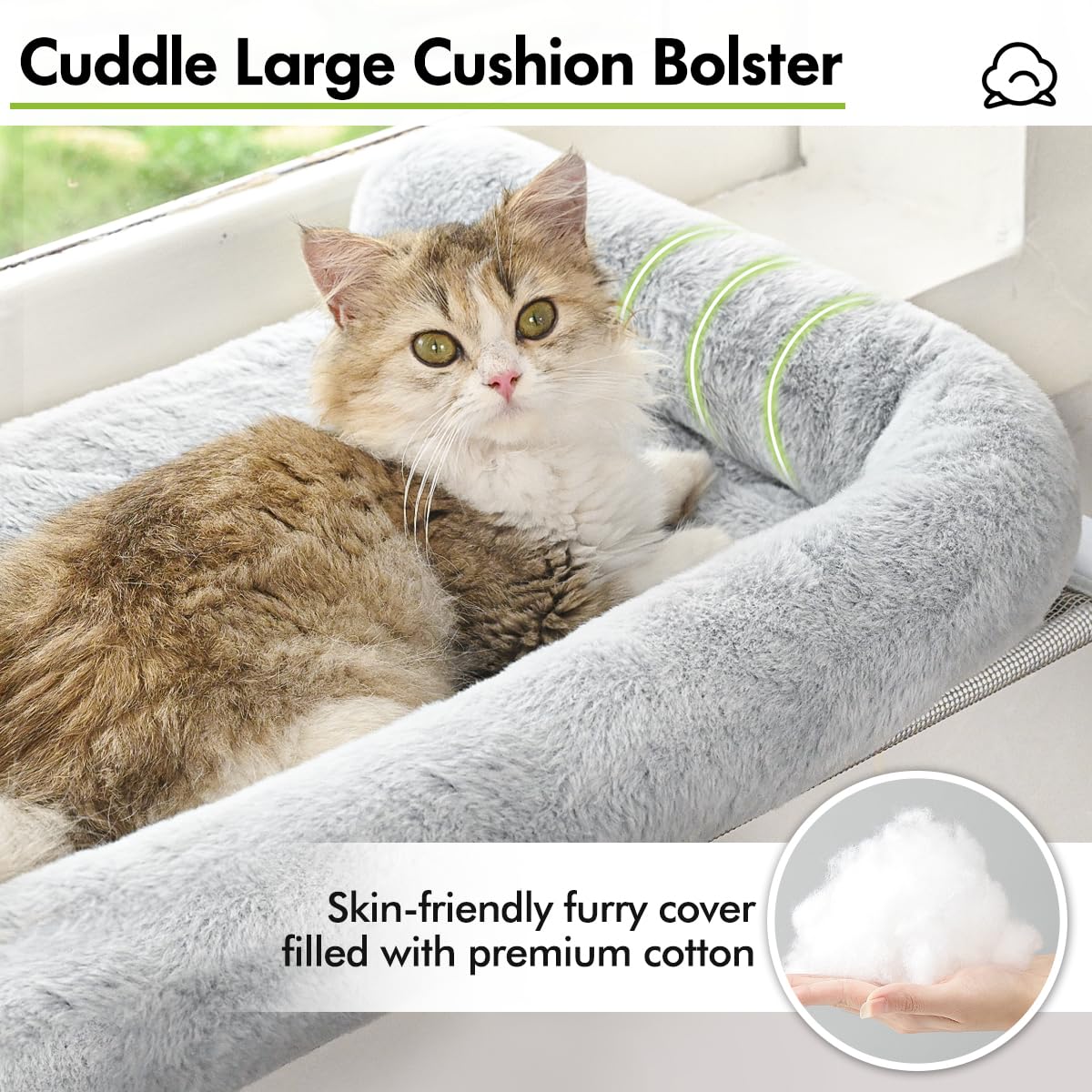 Zoratoo Cat Window Sill Perch with Large Bolster, Easy to Adjust & Assemble Cat Window Seat for Windowsill & Bedside, Pet Hammock Bed for Large Cats and Kittens (Grey, L)