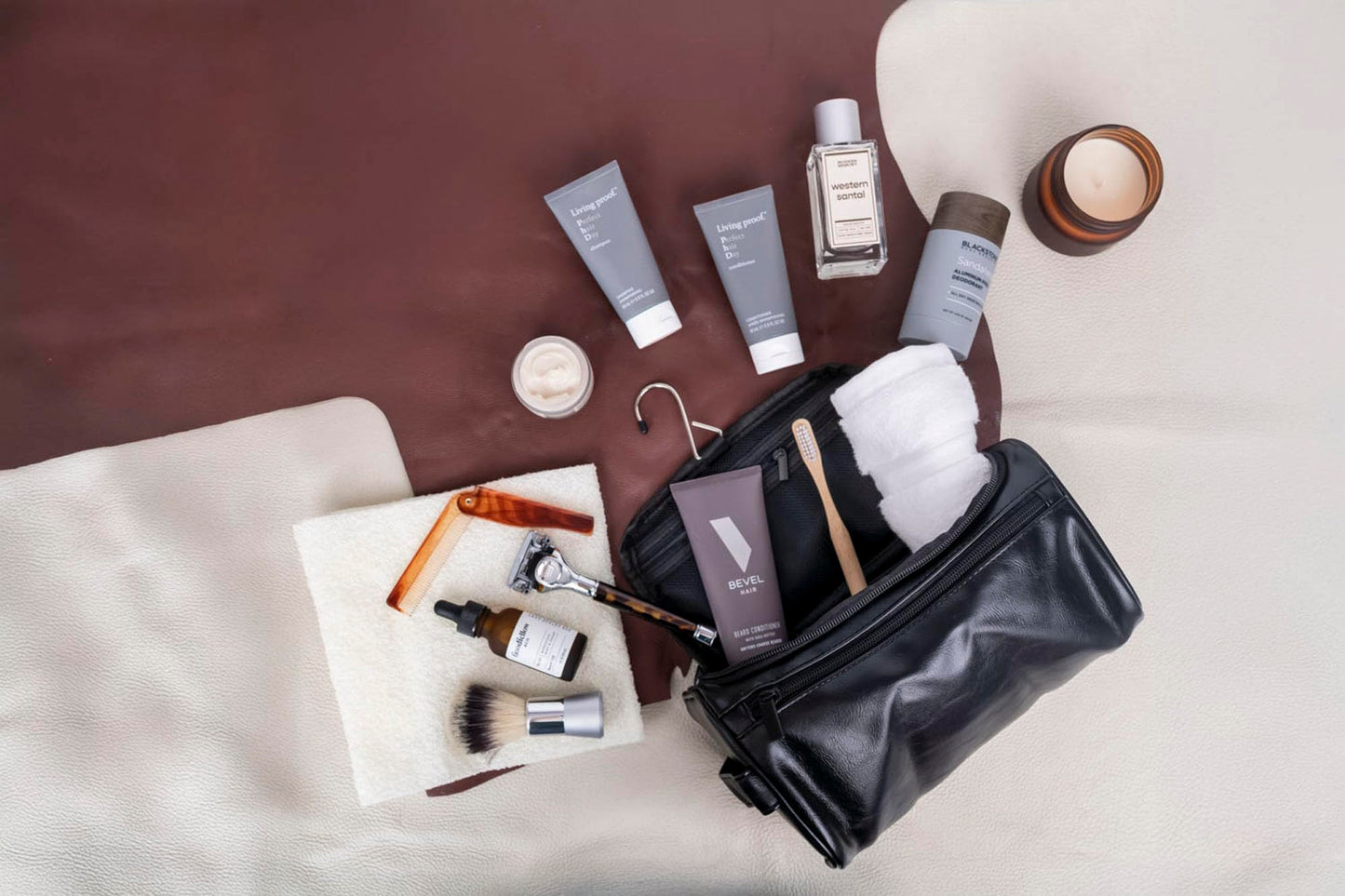 Mad Man Men's Travel Dopp Kit Black Faux Leather Toiletry Bag with Multiple Pockets - Water-Resistant Shaving & Grooming Organizer - (10" x 5.5" x 6")