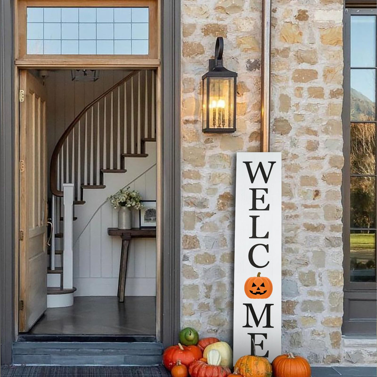 Interchangeable Wooden Porch Welcome Sign with 12 Interchangeable Icons 45"X9" Large Standing Hanging Seasonal Home Decor for Porch Wall Yard Decorations (White)