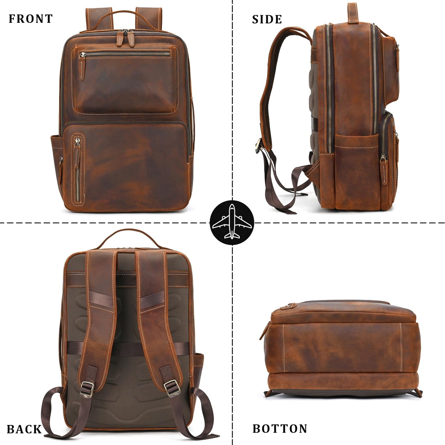 JulBean Full Grain Leather 15.6 Laptop Backpack for Men Work Commute Casual Daypack