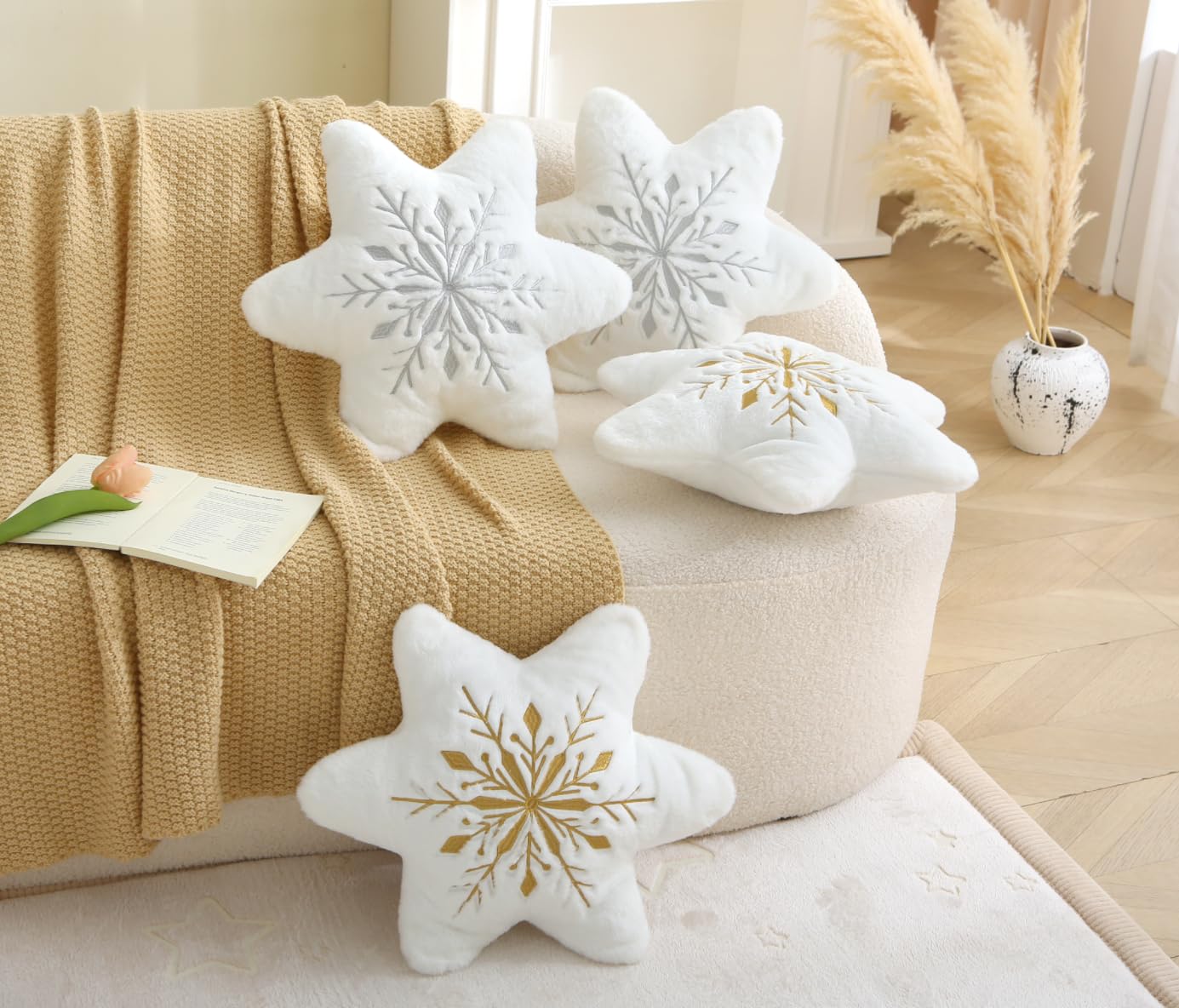 Volple Snowflake Decorative Throw Pillow – White Plush Star Cushion with Gold Embroidery – Soft Winter Christmas Accent Pillow for Couch, Sofa, Bedroom & Holiday Décor