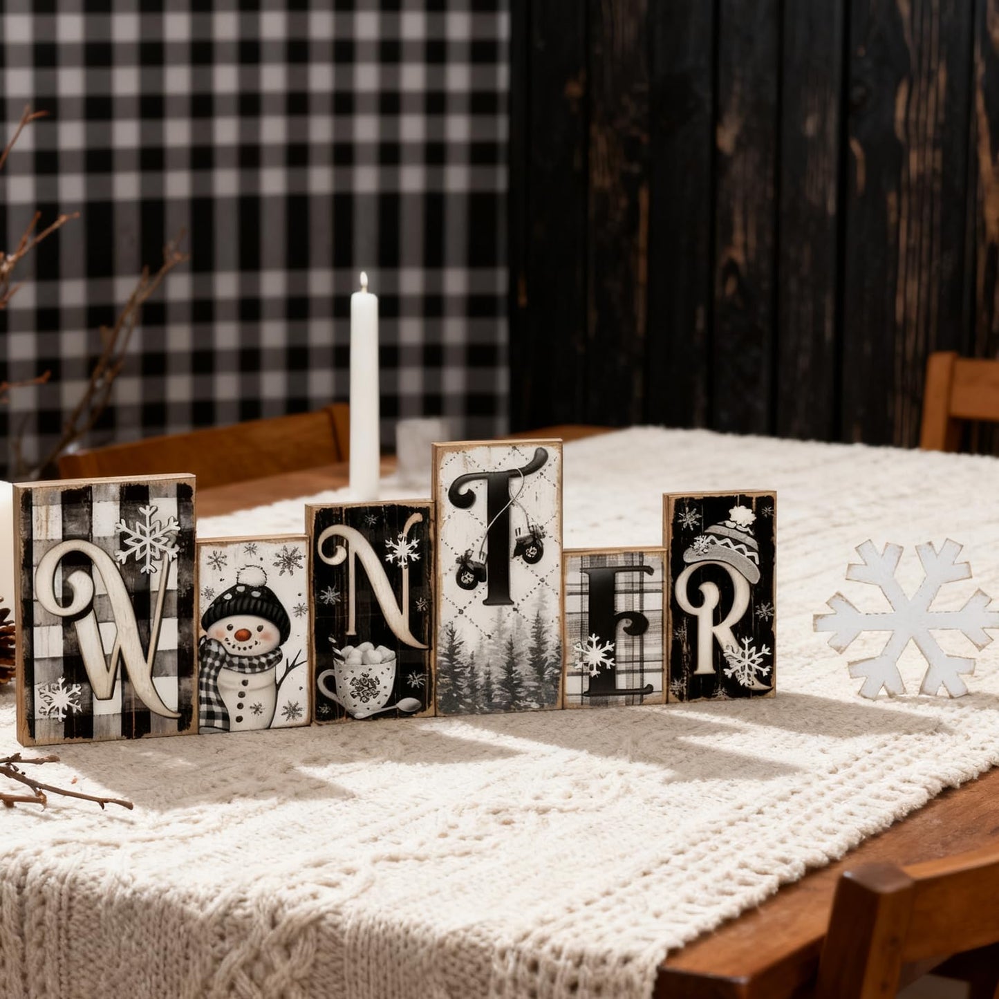 Yousoontic 2 Pcs Winter Table Decor Snowman Christmas Table Centerpieces Black and White Snowman Tiered Tray Decor Snowflake Block Signs Winter Decorations for Home Kitchen Office Shelf