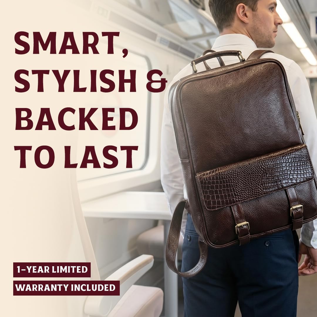 bonahide - 15.6" Luxury Burgundy Leather Laptop Backpack for Men & Women. Leather Bag for Professional Use in Office & Business