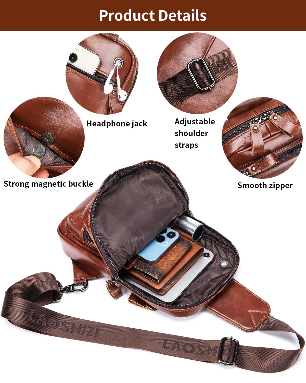 STEELLION Leather Crossbody Bag for Men, Genuine Cowhide Chest Bag with Large Capacity, 3 Card Slots, 2 Pen Holders and Organizer, Men's Sling Bag for Business, Travel, Casual and Daily Use (Brown)