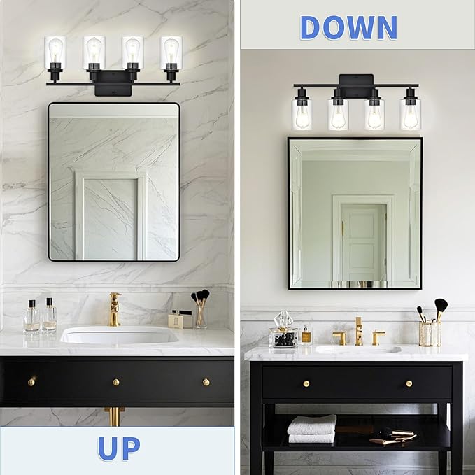 Black Bathroom Light Fixtures Over Mirror,4-Light Bathroom Vanity Light with Clear Glass Shade,Modern Wall Sconces Lighting for Bedrrom,Living Room,Kitchen,Cabinet