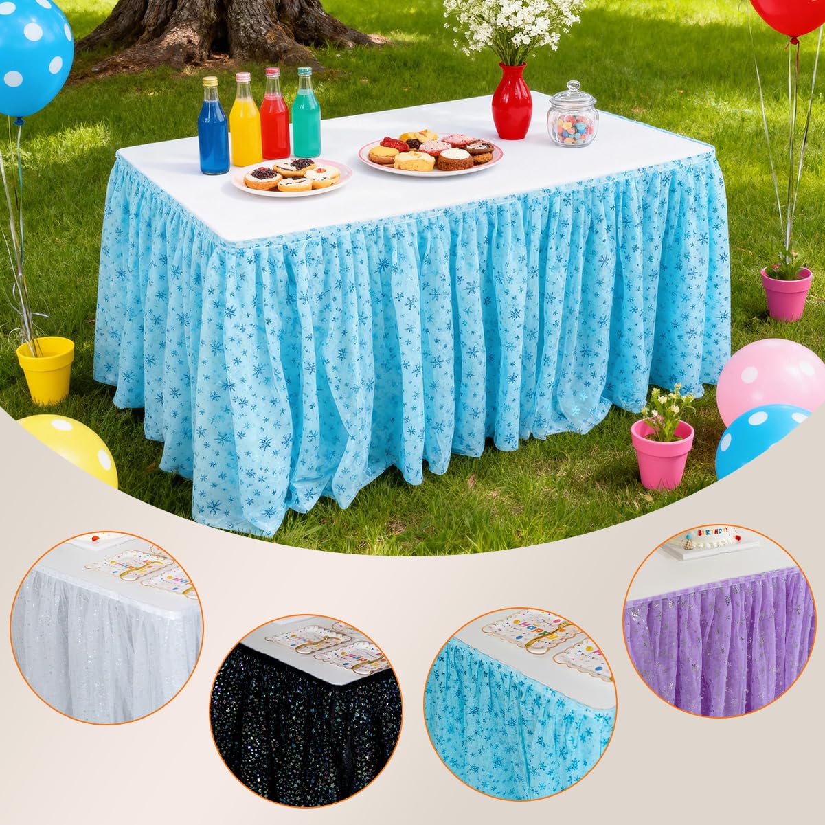Deugold 6ft Blue Table Skirts Party Birthday Decorations,2 Pack Table Cloth Desk Skirts for Baby Shower Princess Girls Cake Dessert Buffet Decorations