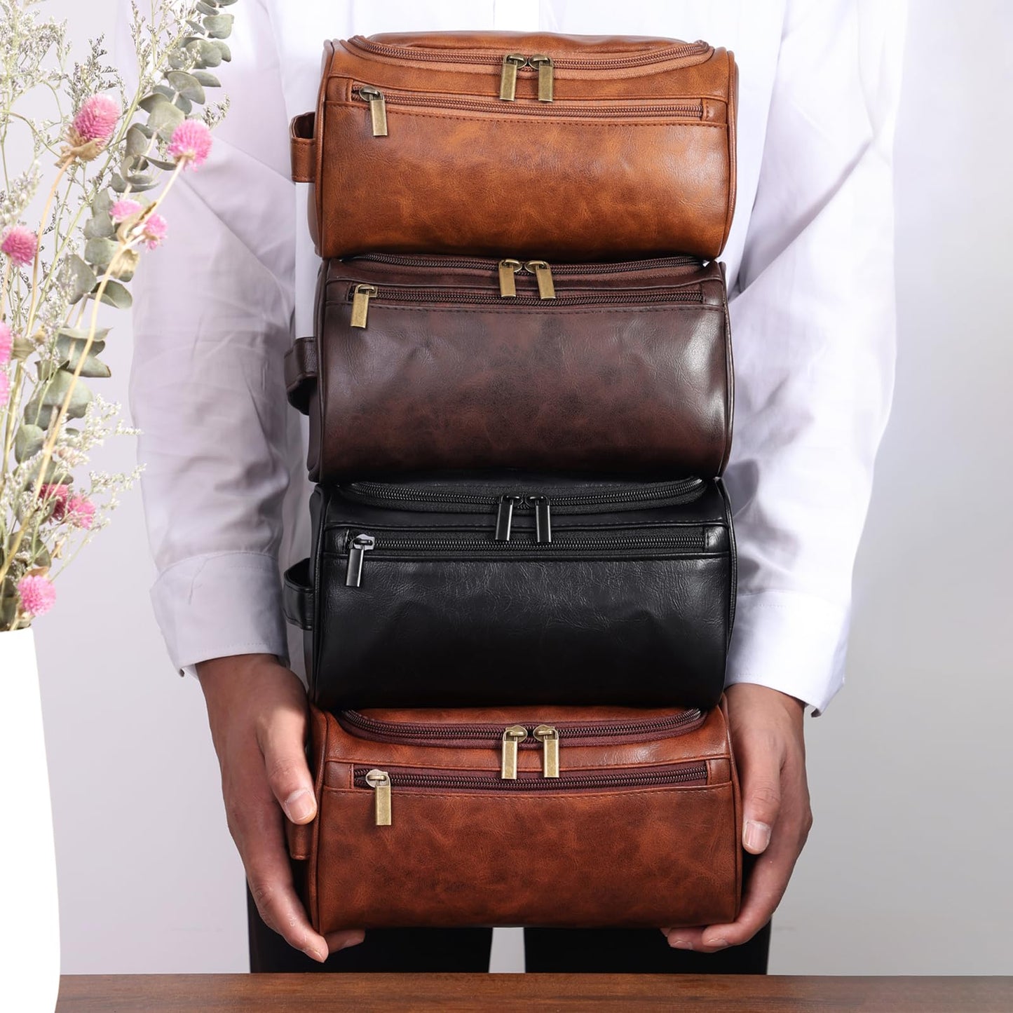 Seozata Toiletry Bag for Men, Hanging Travel Shaving Dopp Kit for Men and Women, Water-resistant Toiletries Organizer Bags, PU Leather Cosmetic Bags for Makeup Accessories (Light Brown)