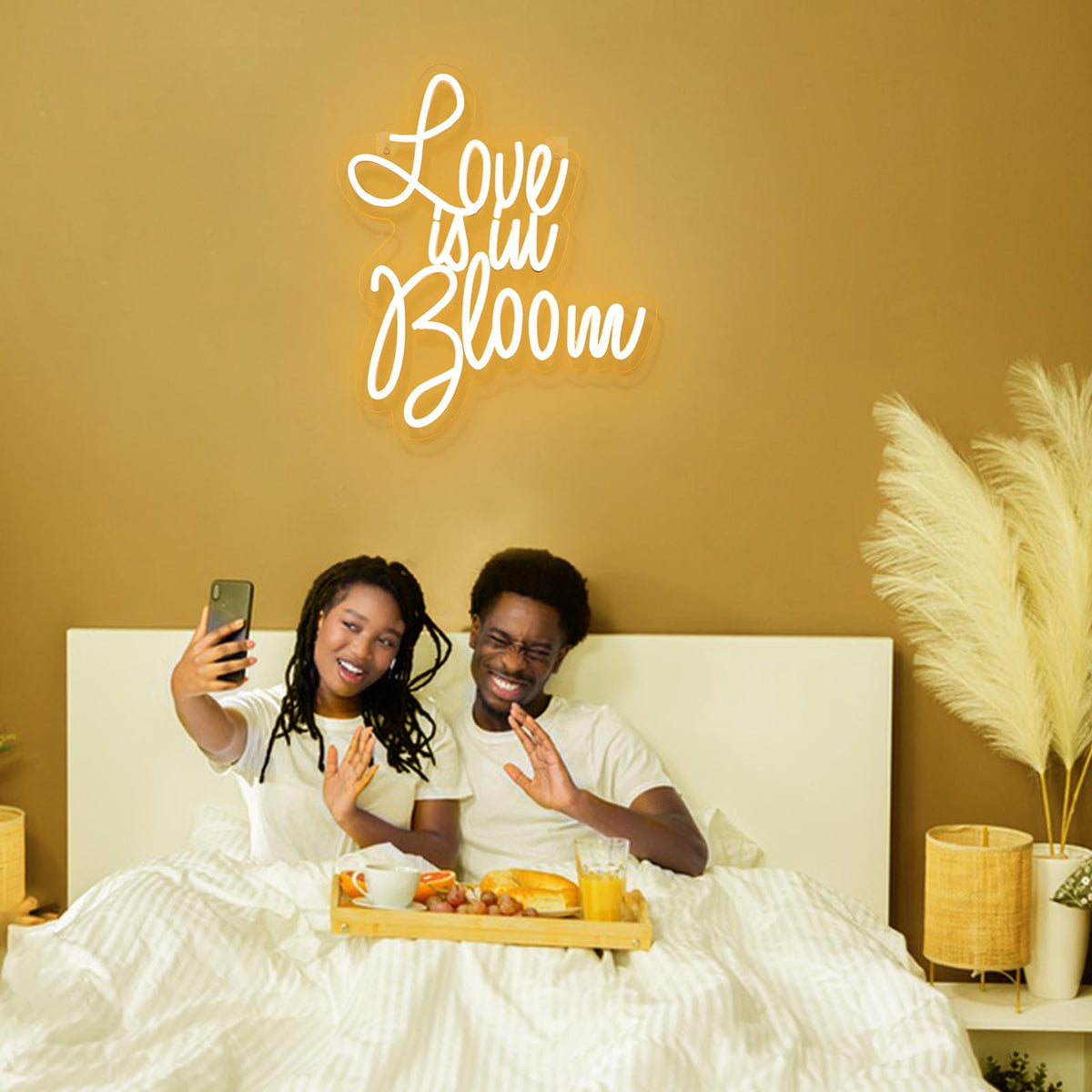 Virlusy Love is in Bloom Neon Sign for Wall Decor Dimmable Led Lights Signs Letters Signs for Bridal Shower Warm White Neon Light Room Decor for Wedding Engagement Christmas Party Gift 12.8*15.16 in