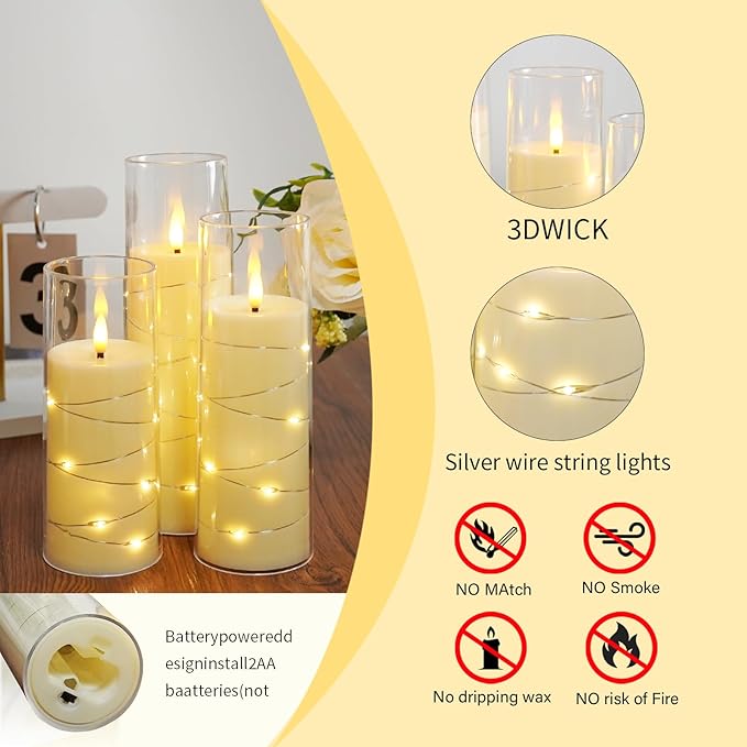 Flameless Candles,with Embedded Star String, Battery Operated Candles Flickering LED Pillar Candles with Remote Control and Timer, Home Decoration Add a Warm and Romantic Atmosphere,Set of 7 (Ivory)