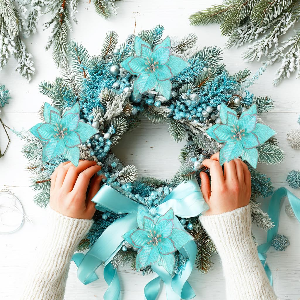 KEPATO Christmas Poinsettia Ornaments Ice Blue, 12 Pcs 6" Artificial Flowers, Glitter Teal Blue Christmas Tree Decorations for Winter Wonderland Theme