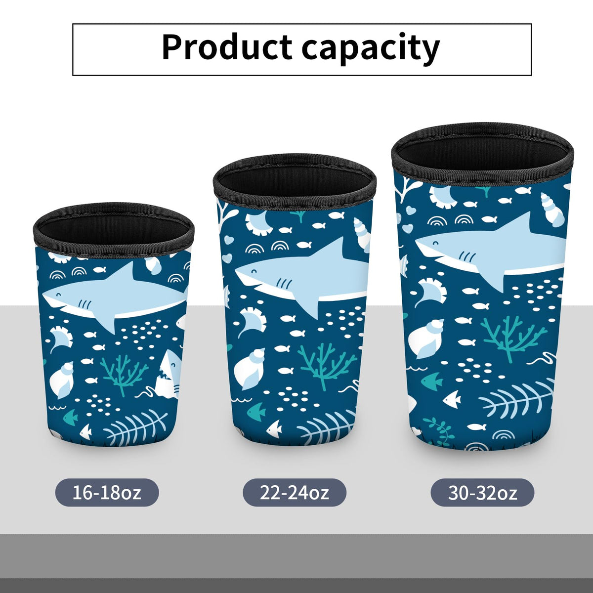 AUHIWDO 3 Pack Reusable Neoprene Insulator Sleeve for Iced Coffee Cups, Durable Drink Sleeve for Cold Hot Beverages Compatible with 16-32OZ Cute Blue Sharks