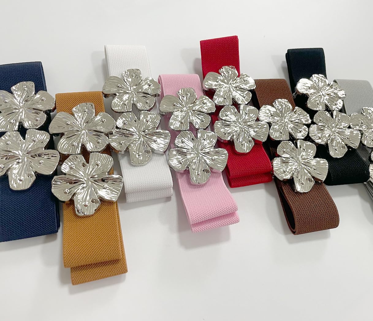 COTIM COYIN Women's Fashion Elastic Stretch Waist Belts With Metal Pin Flower Buckle for Jeans Pants Dress, Grey