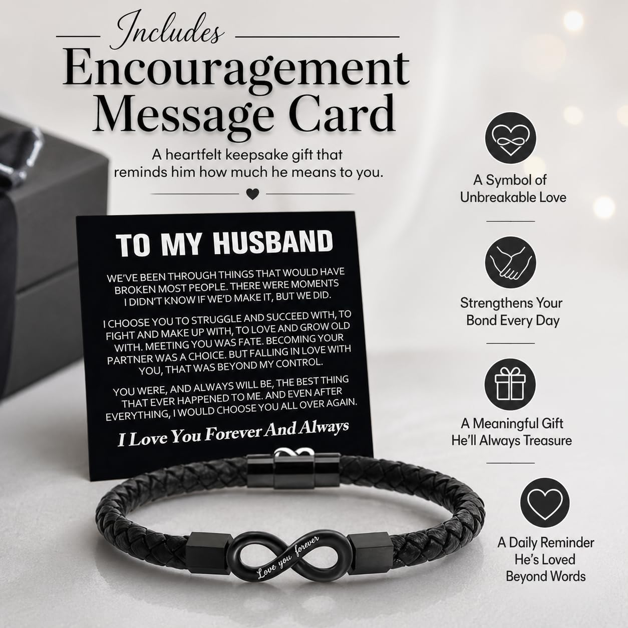 To My Husband Bracelet, Stainless Steel Engraved Love You Forever Black Braided Leather Promise Wristband Bracelets With Encouragement Message Card Anniversary Birthday Jewelry Gift (Husband Infinity-21)