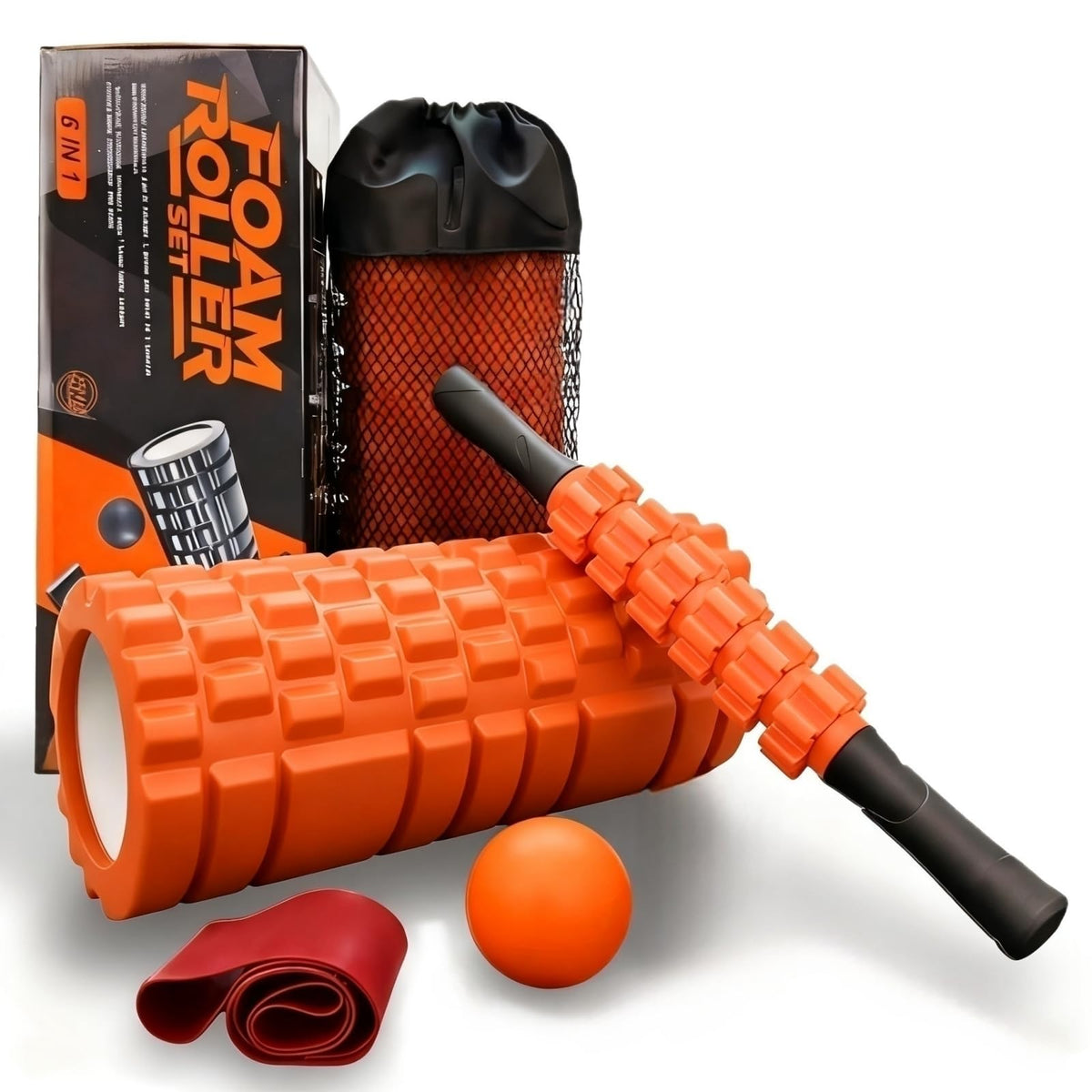 Aucuu 6 in 1 Foam Roller Set Includes Hollow Core Massage Roller, Yoga Stick, Massage Ball, Fitness Stretching Strap, Carrying Bag, Towel, Massage Roller (Orange)