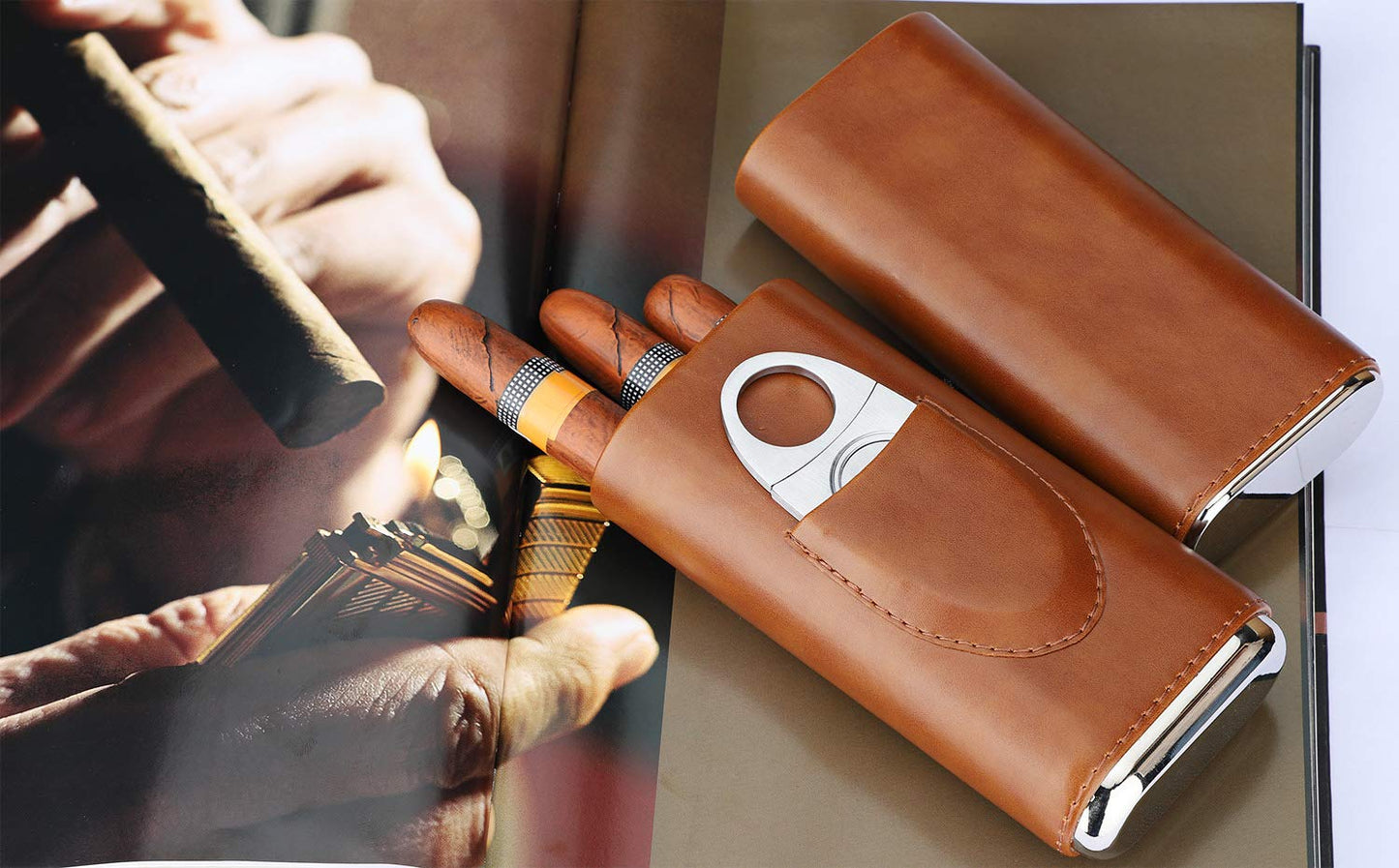 Time C club M Cigar Case Travel 3- Finger Elegant Leather Cigar Case with Cedar Wood Lined Cigar Cutter
