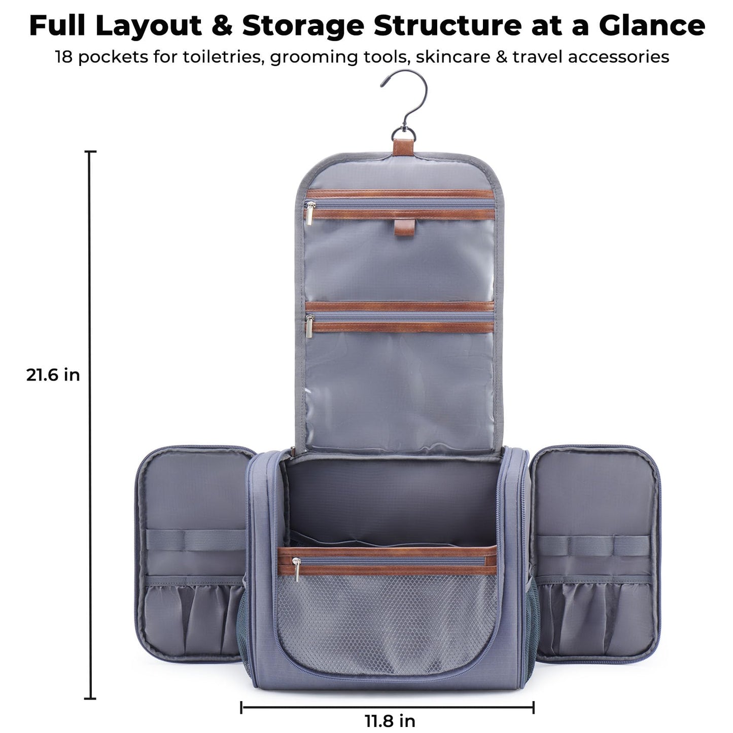 Ralnitote Large Hanging Toiletry Bag for Men, Travel Bathroom Bag with Hook, Hygiene Bag Organizer for Shower, Shaving & Grooming Essentials, Gray