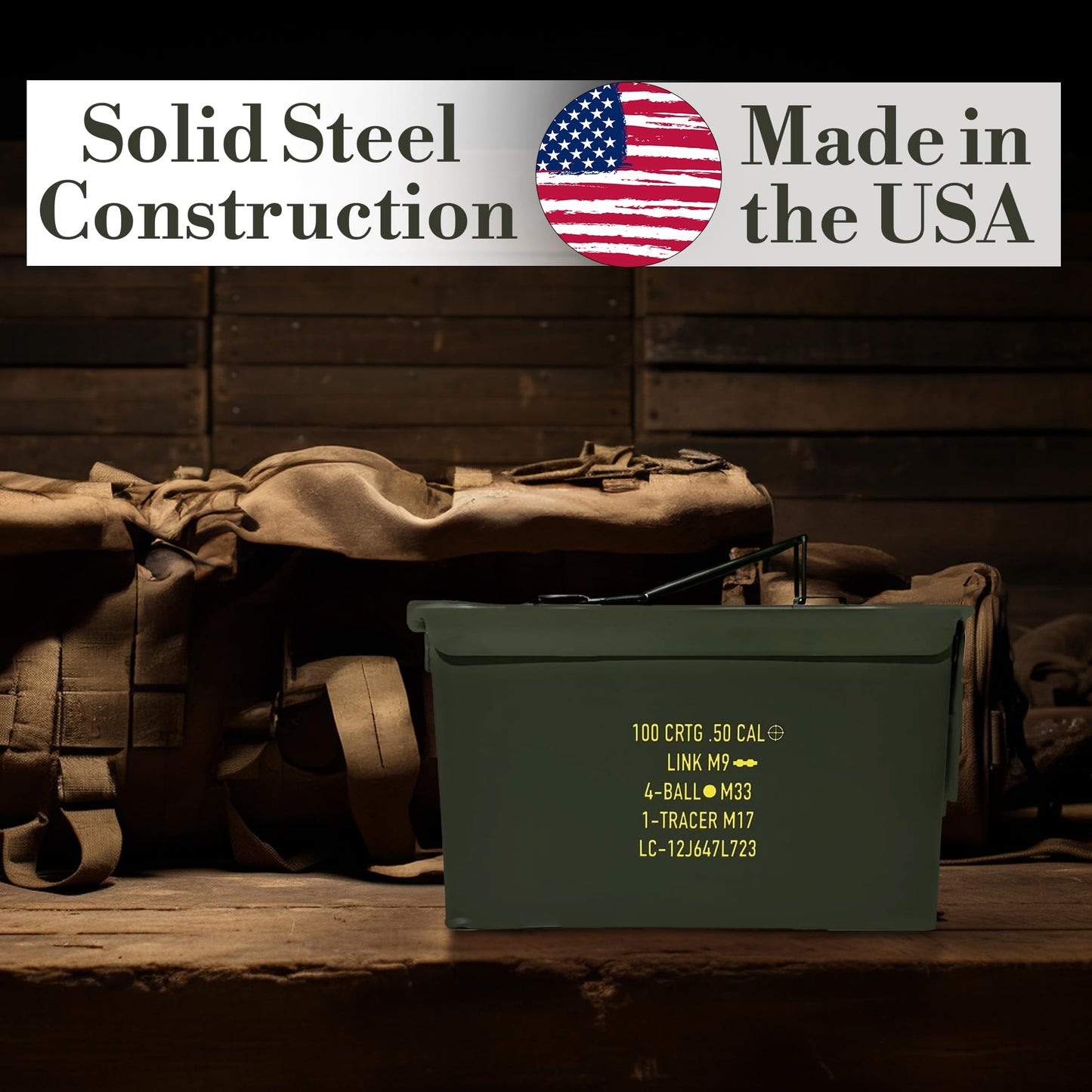 U.S. Military Issue 50 Cal Ammo Can (M2A1/M2A2), Solid Alloy Steel Storage Containers โ Watertight & Airtight Army Ammo Box w/Hinged Lid, Locking Latch - Military Grade Ammo Cans Metal