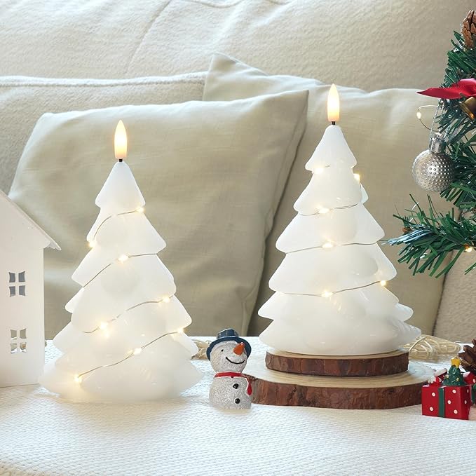 Homemory Christmas Tree Candles with Remote, 2 Pcs Waxy LED Flameless Candles Flickering, White Electric Lights Battery Operated for New Year Celebration Holiday Decorations 7.5 Inches