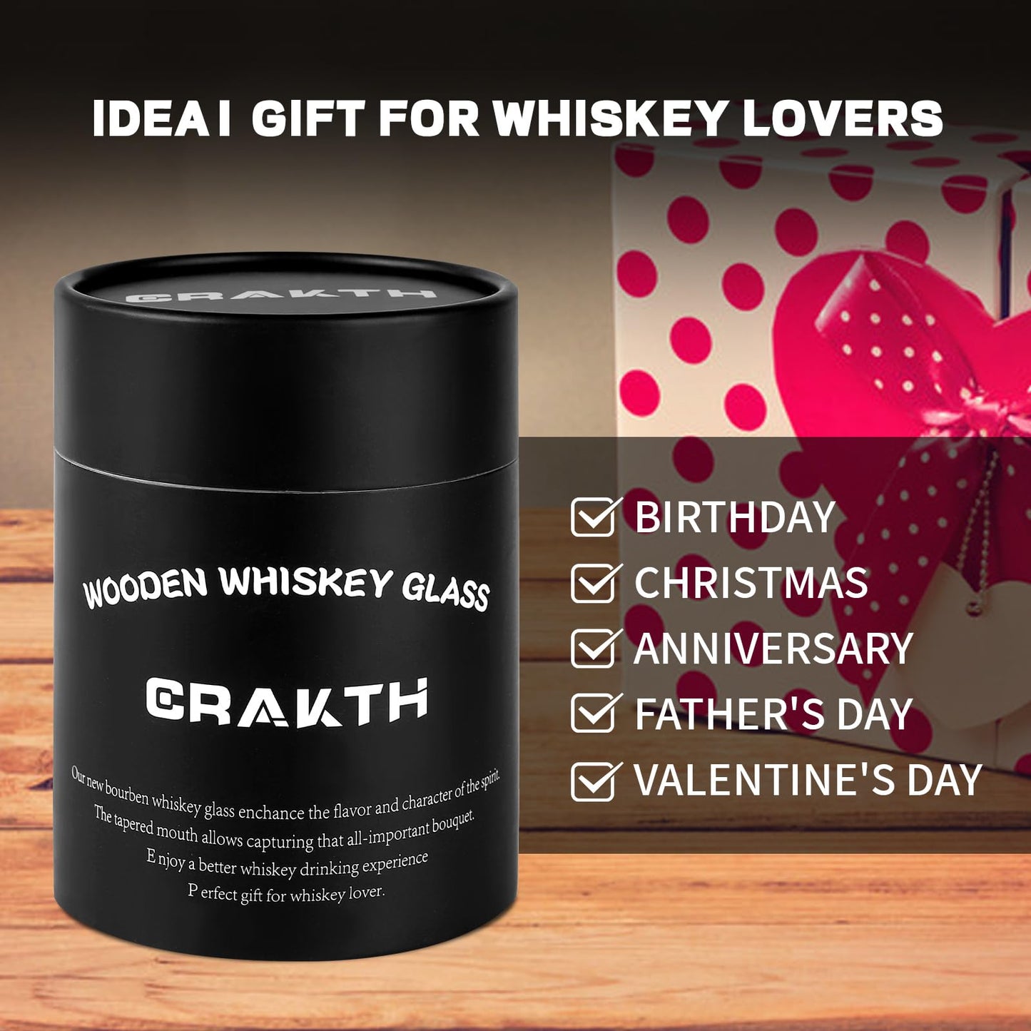 CRAKTH Charred Wooden Whiskey Glass Cup, Old Fashioned Wooden Bourbon Drinking Glass, Whiskey Bourbon Gifts Accessories for Men Dad