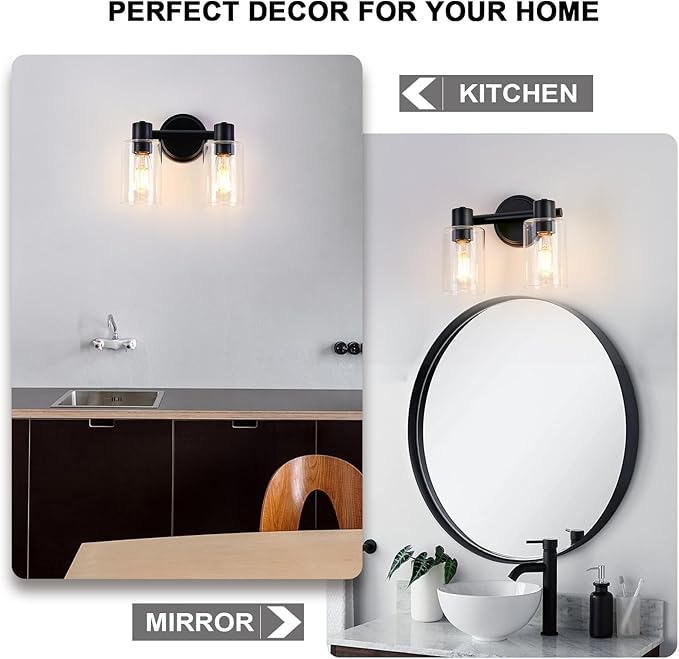 2 Light Bathroom Wall Light Fixtures Black Bathroom Wall Sconce with Clear Glass Lights Over Mirror Vanity Lights E26 Base
