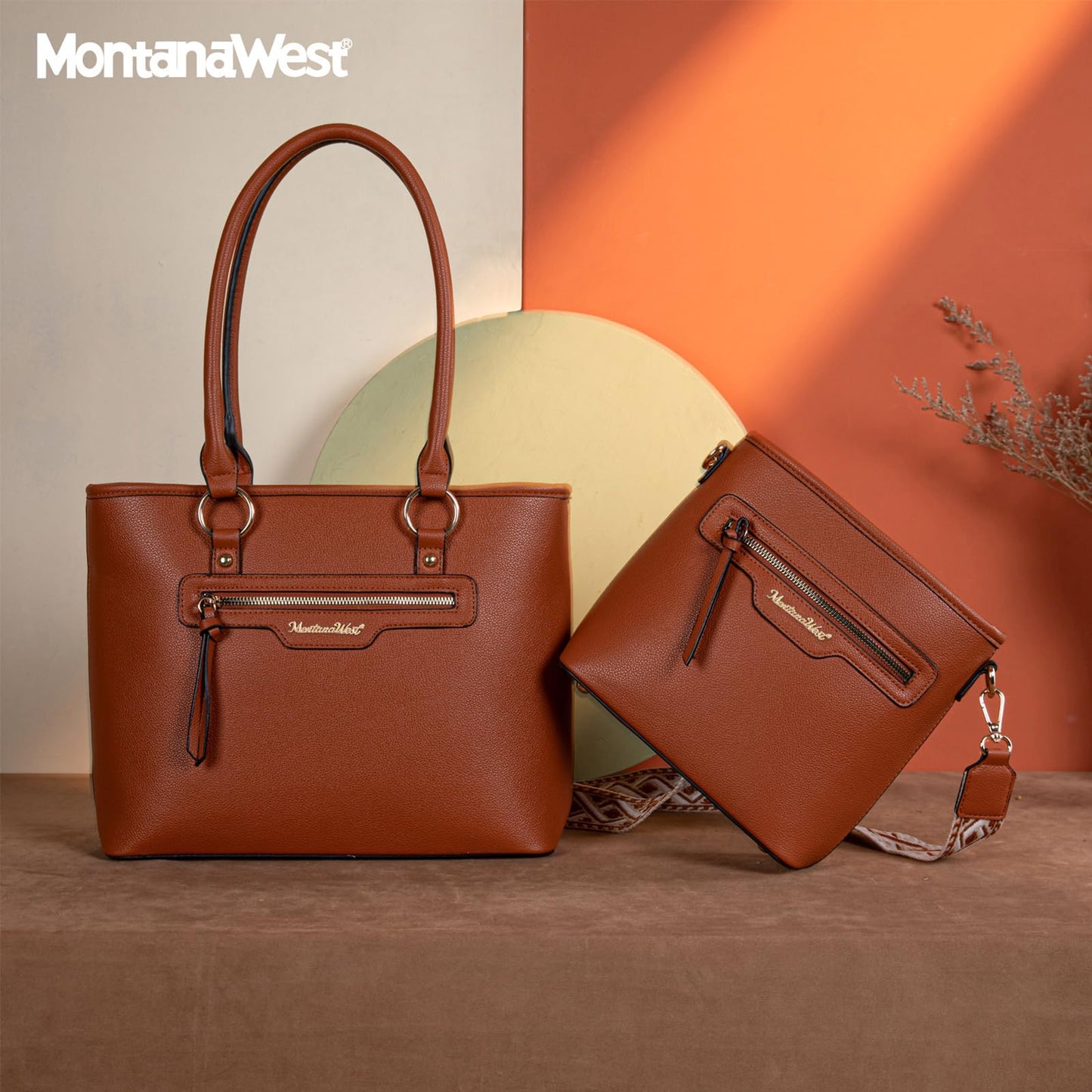 Montana West tote purse for women medium crossbody purse set 2pcs brown cute trendy woman handbag and purse ladies designer handbag with guitar strap MWC-HB-SET-330-BR