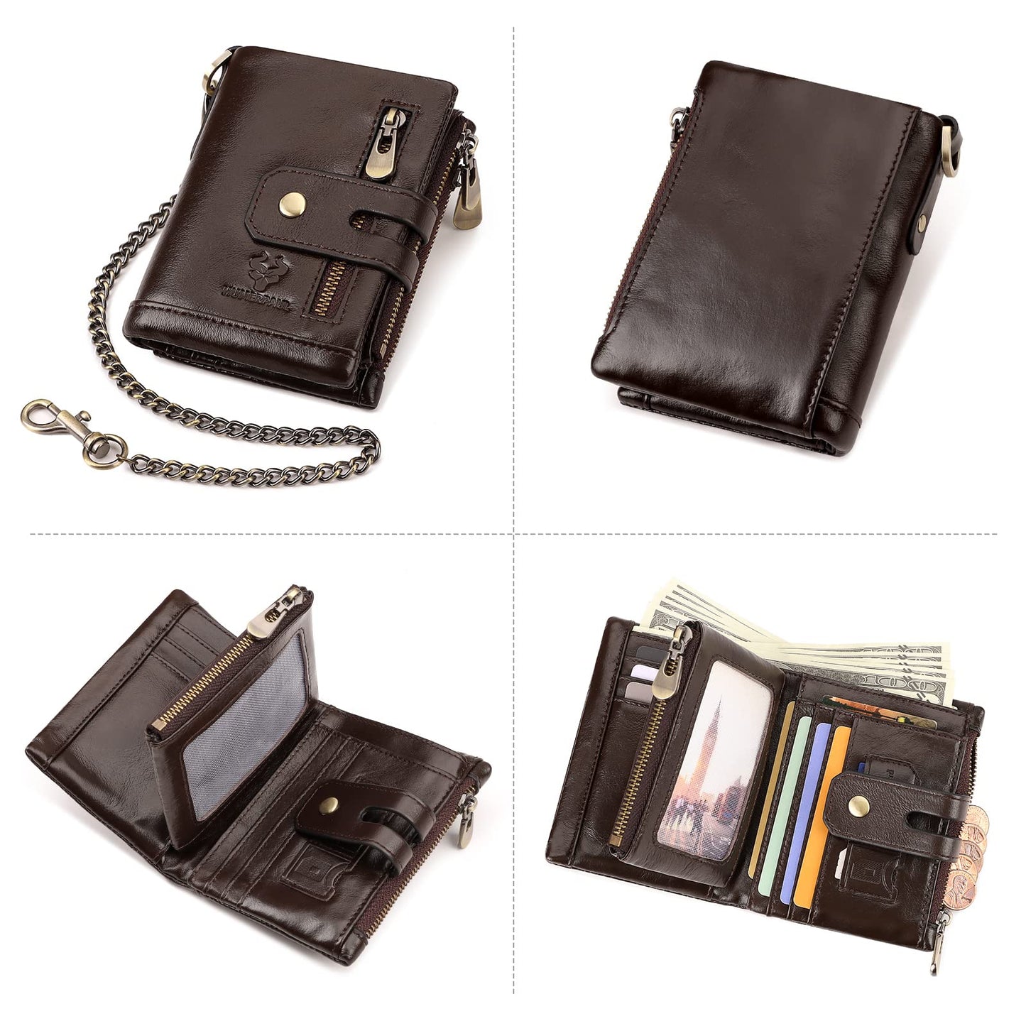 HUMERPAUL Genuine Leather Chain Wallet for Men, RFID Blocking Biker Trifold Credit Card Holder with Zipper Coin Pocket & Money Clip (Coffee)
